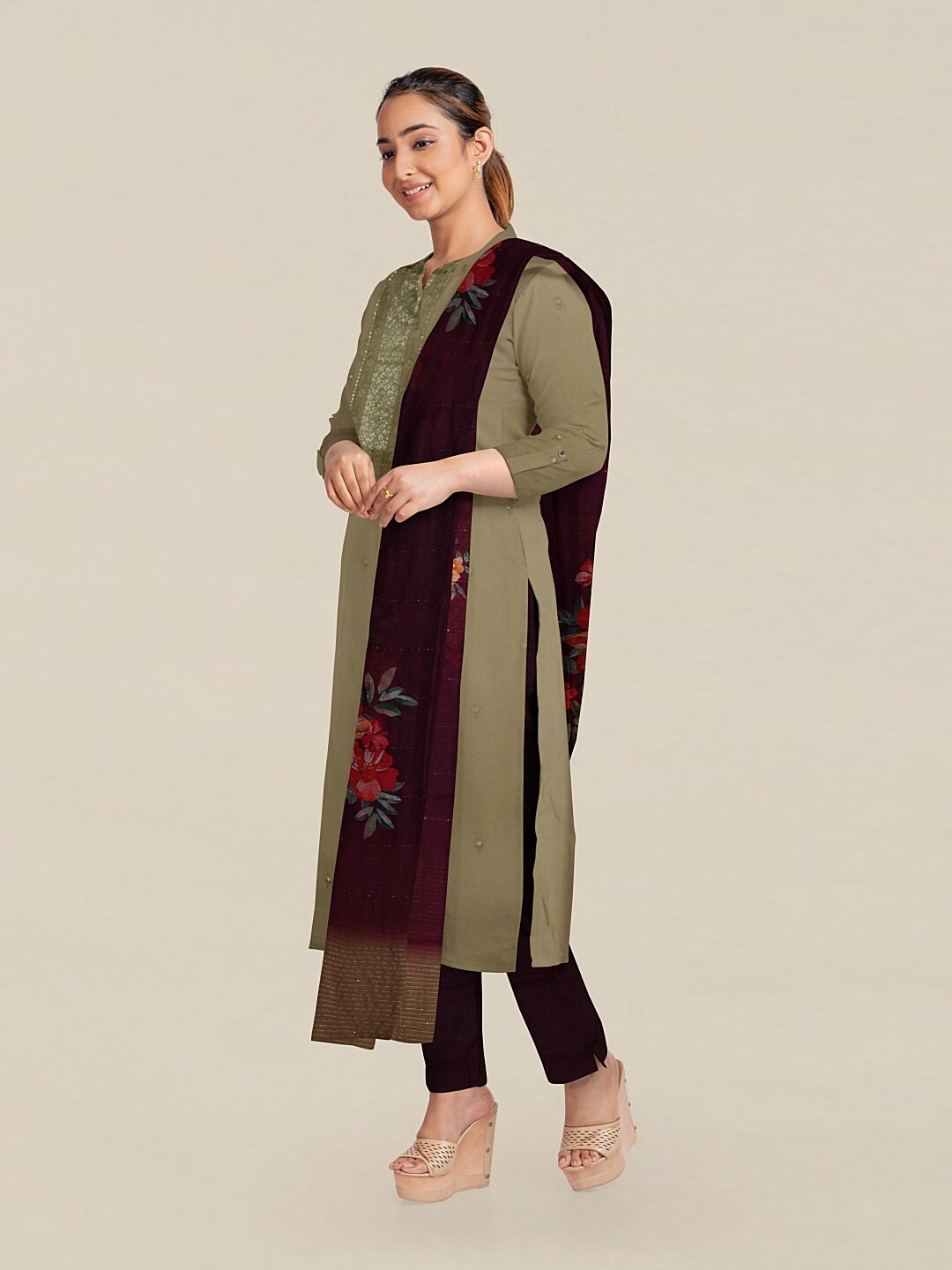 

Pothys Khaki & Purple Unstitched Dress Material