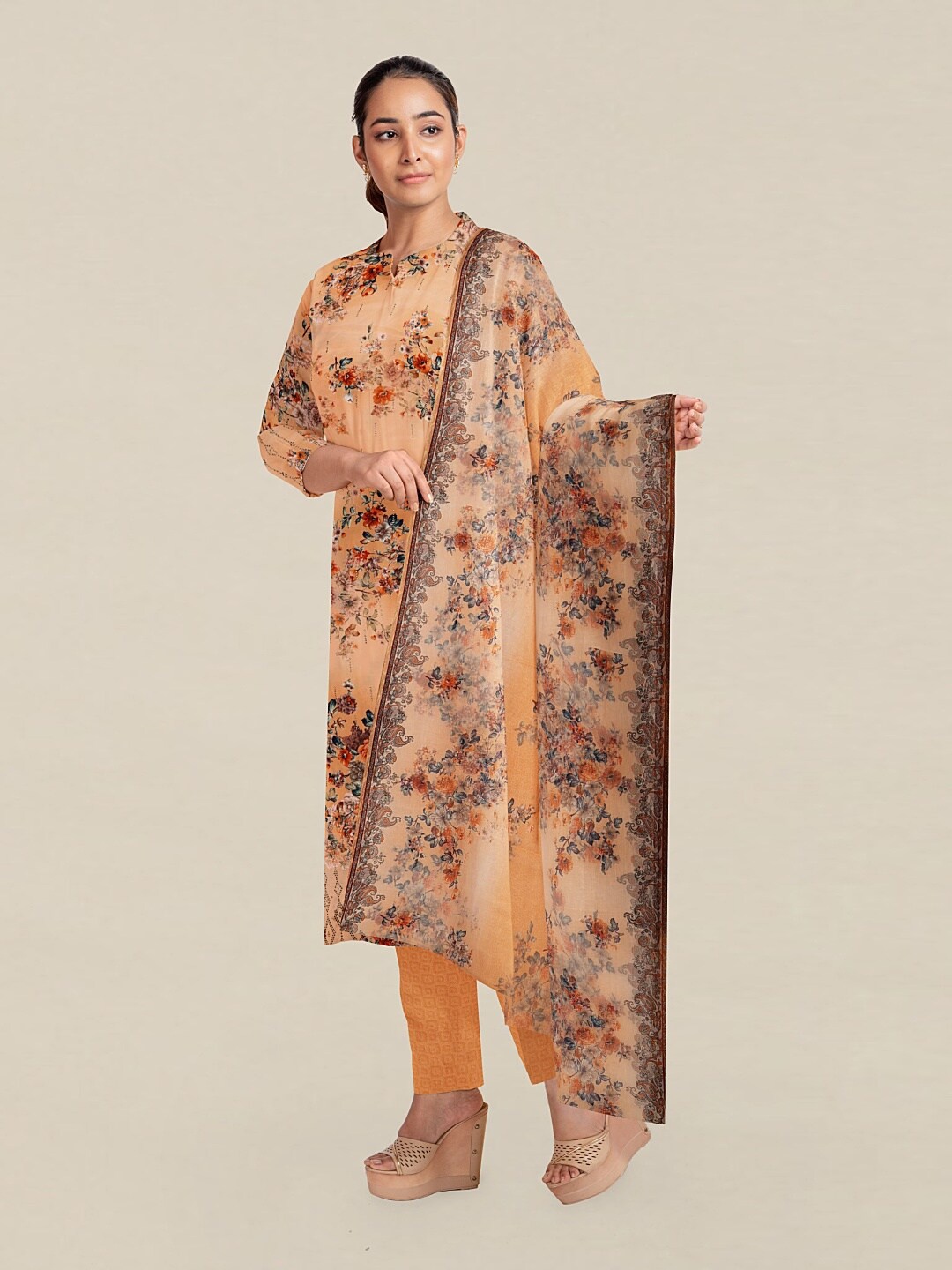 

Pothys Orange & Grey Printed Unstitched Dress Material