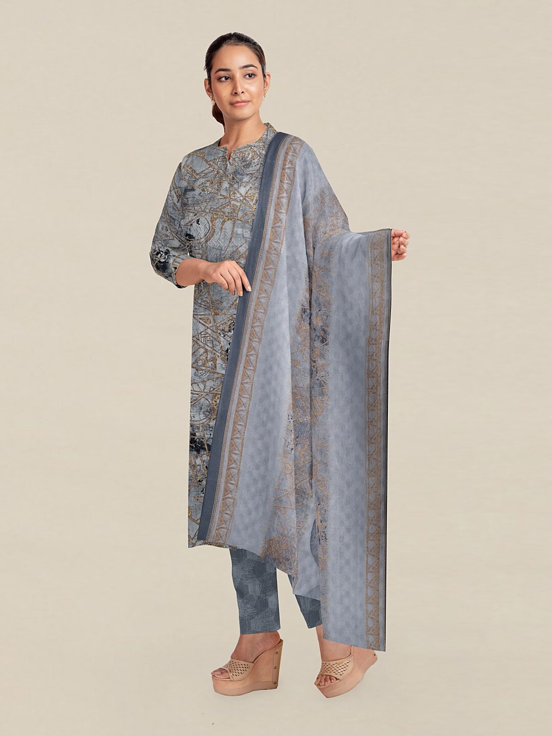 

Pothys Grey & Beige Printed Unstitched Dress Material