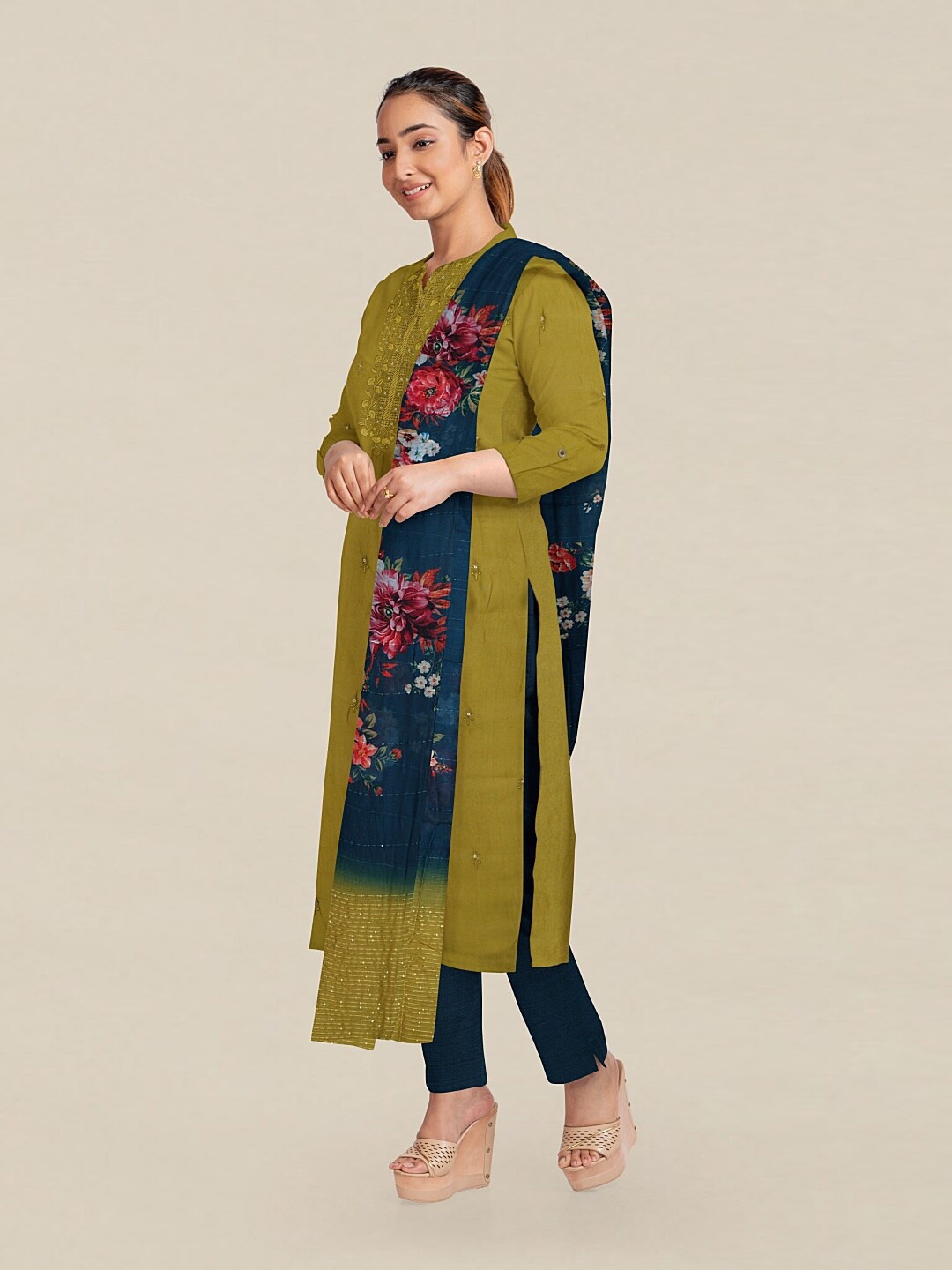 

Pothys Green & Blue Embroidered Unstitched Dress Material