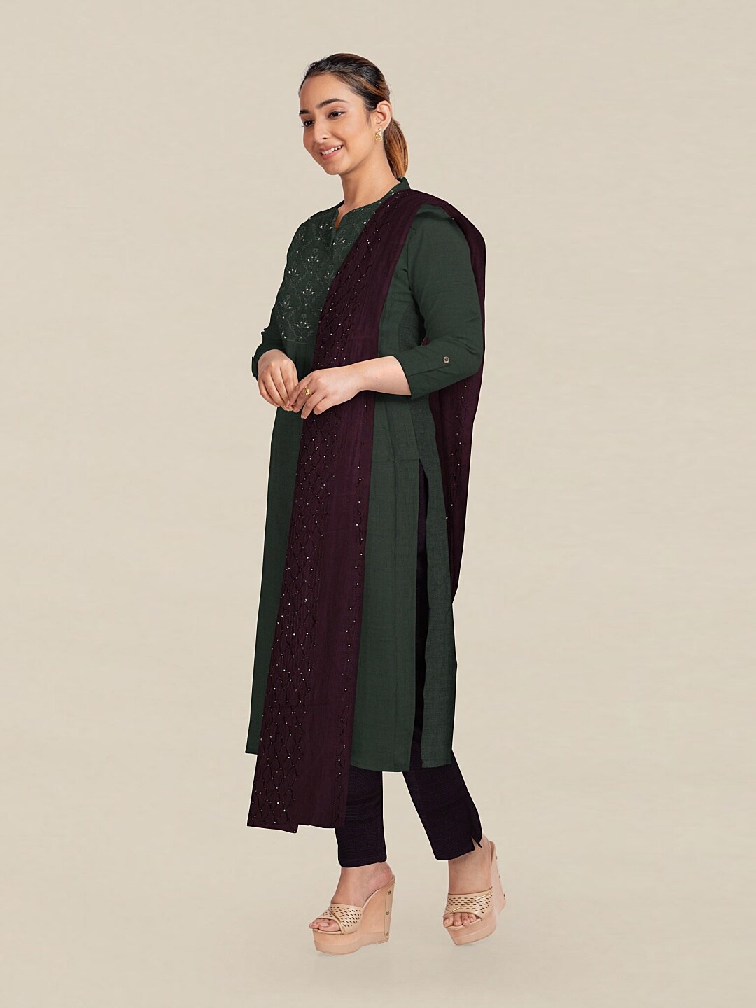 

Pothys Green & Purple Embellished Unstitched Dress Material