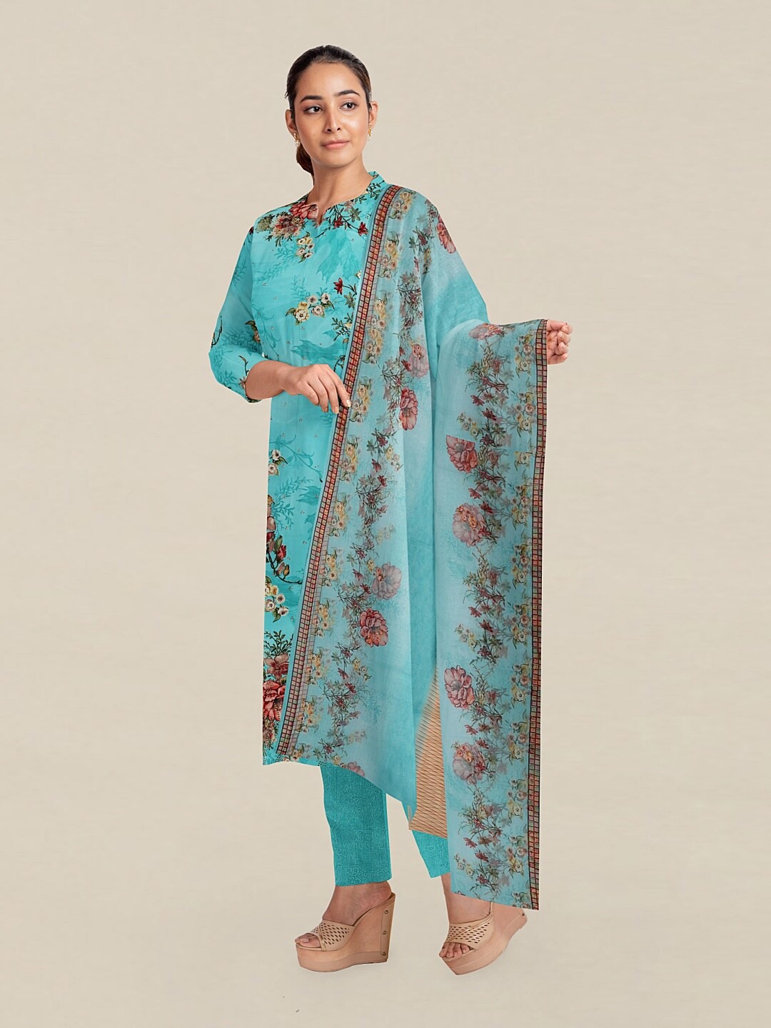 

Pothys Blue & Pink Printed Unstitched Dress Material