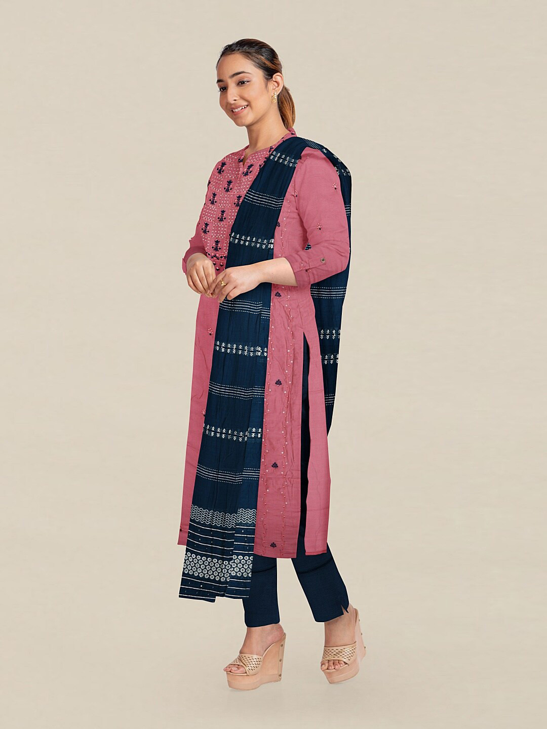 

Pothys Pink & Blue Embellished Unstitched Dress Material