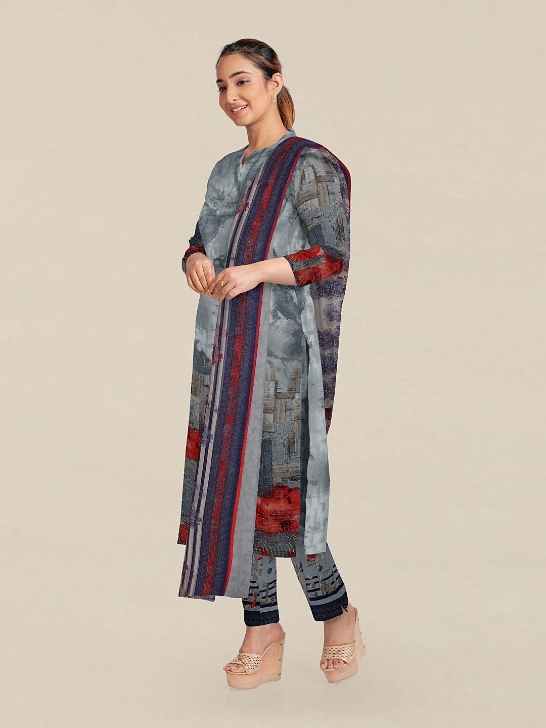 

Pothys Grey & Red Printed Unstitched Dress Material