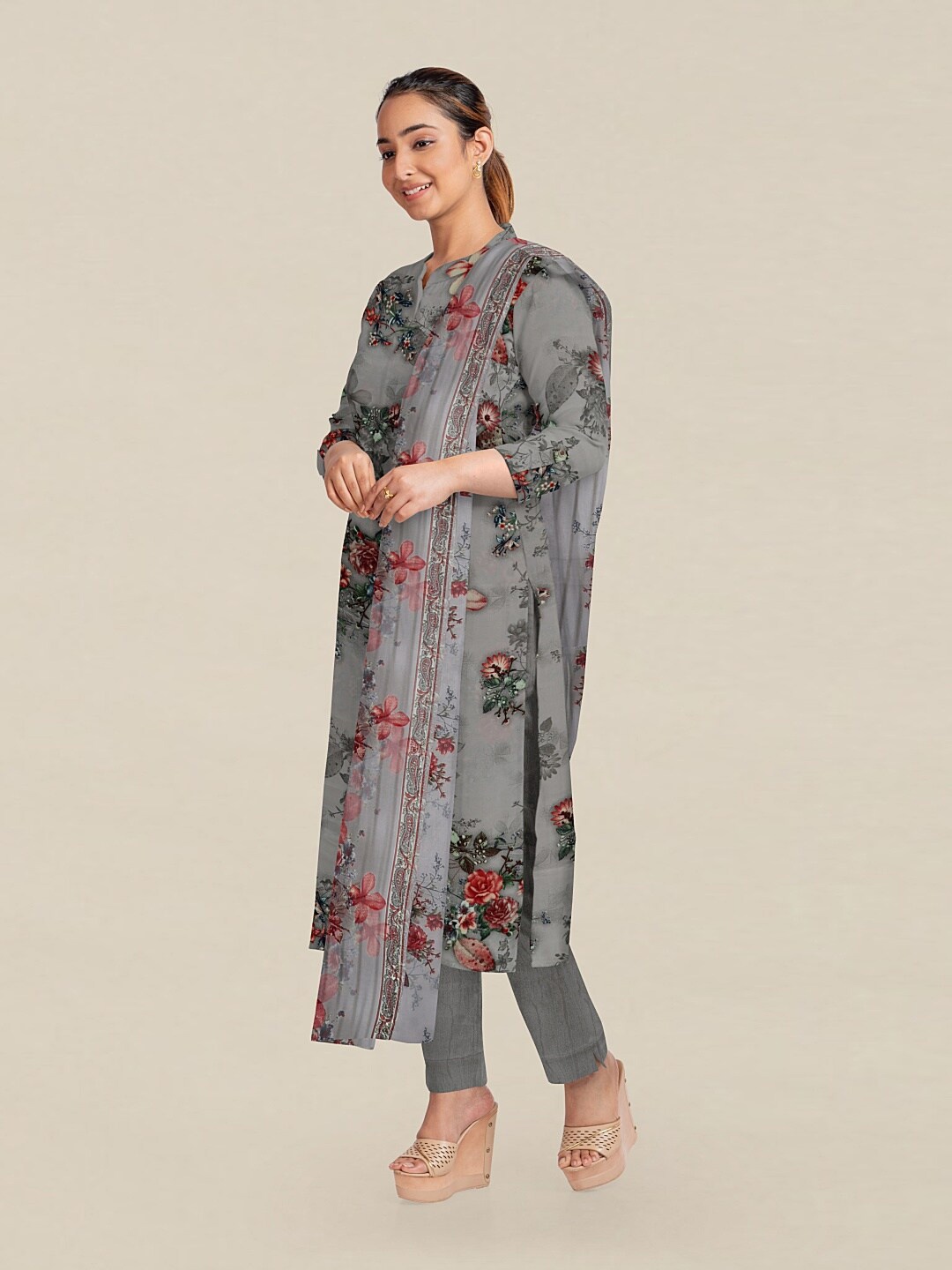 

Pothys Grey & Red Printed Unstitched Dress Material