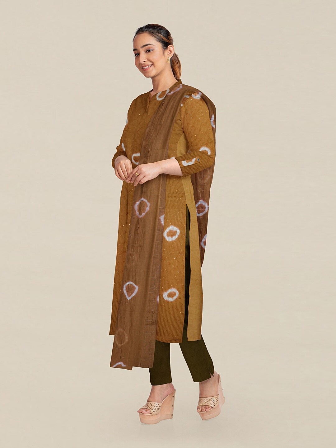 

Pothys Gold-Toned & White Printed Unstitched Dress Material
