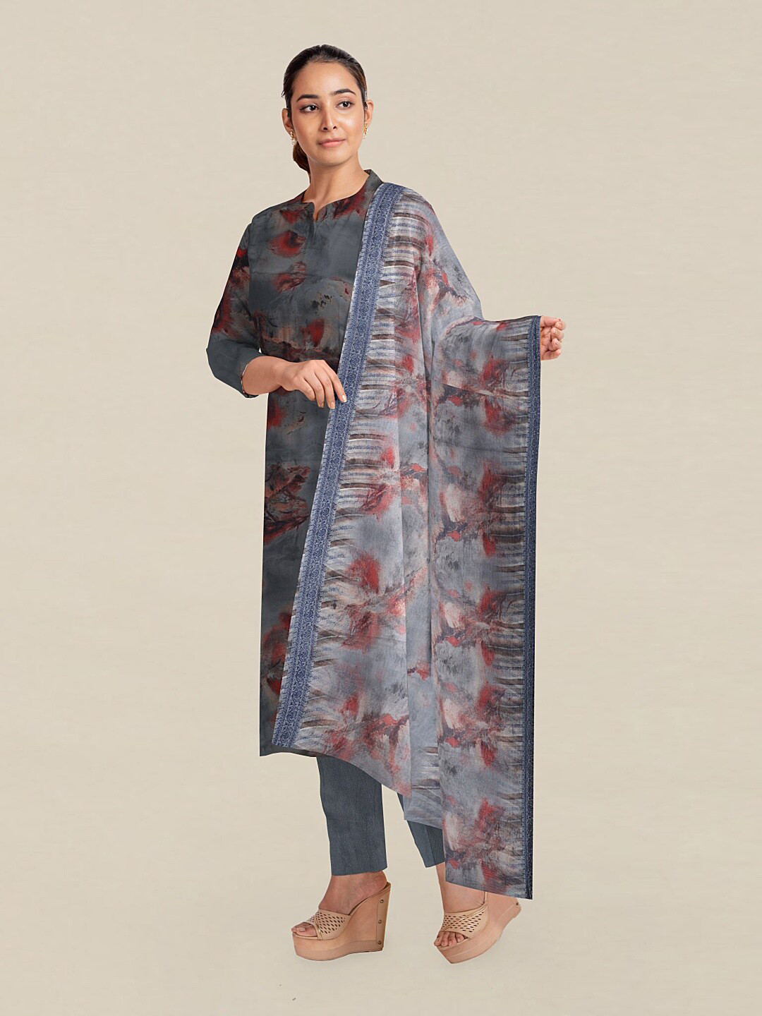 

Pothys Grey & Red Printed Unstitched Dress Material