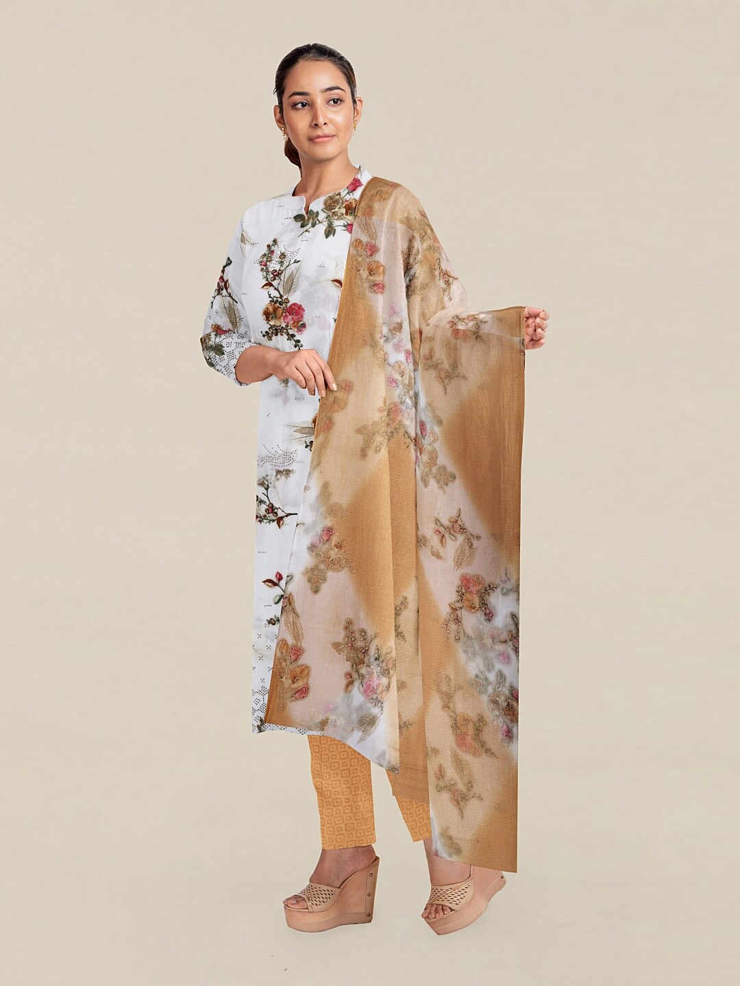 

Pothys White & Green Unstitched Dress Material