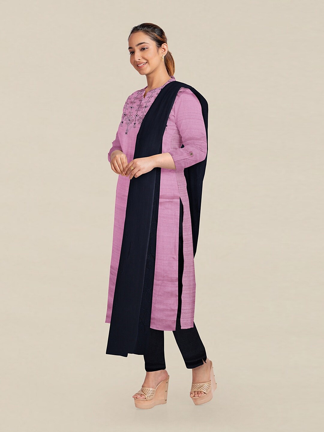 

Pothys Pink & Navy Blue Embellished Unstitched Dress Material