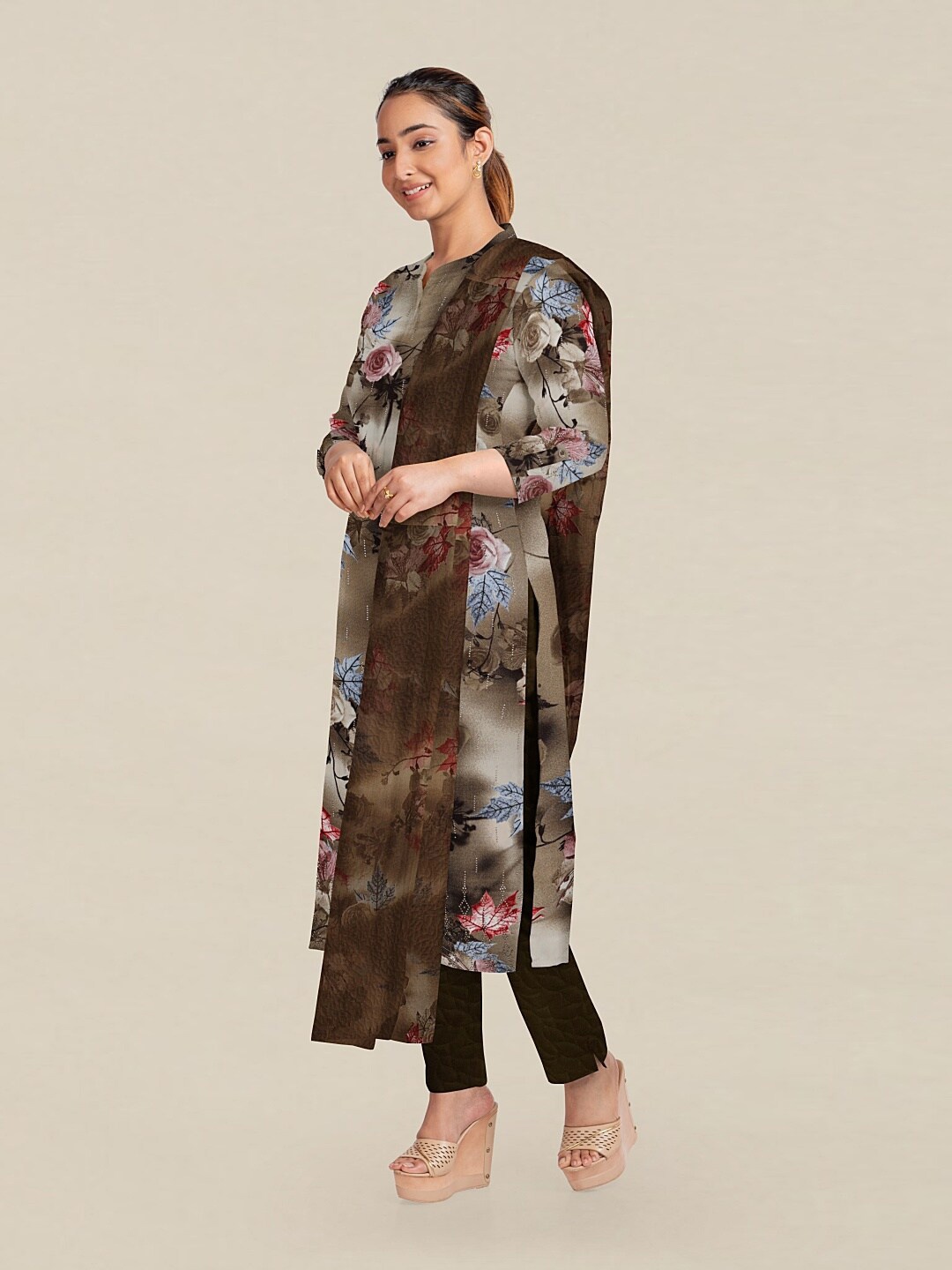 

Pothys Brown & Red Printed Unstitched Dress Material