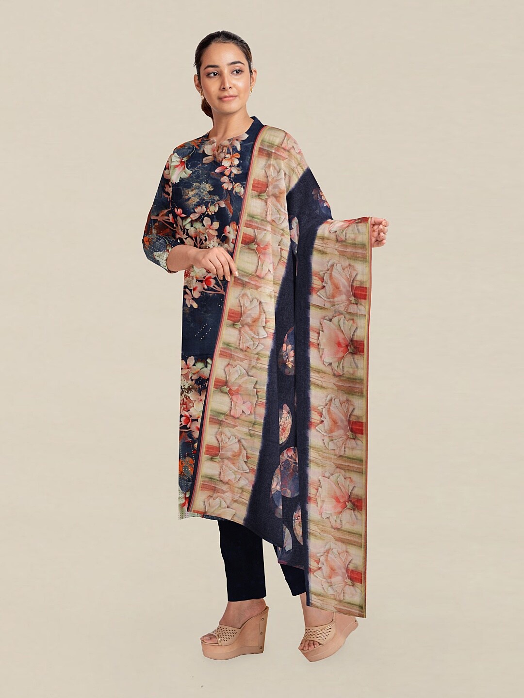 

Pothys Blue & Beige Unstitched Dress Material, Navy blue