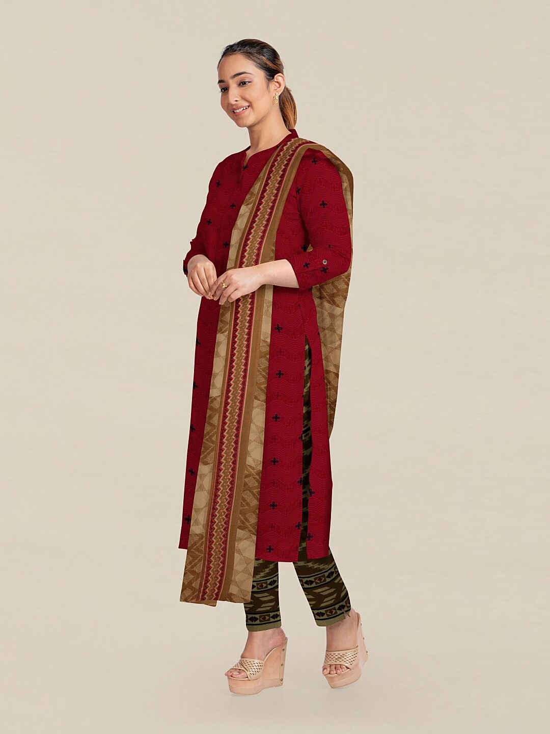 

Pothys Pink & Brown Printed Unstitched Dress Material, Red