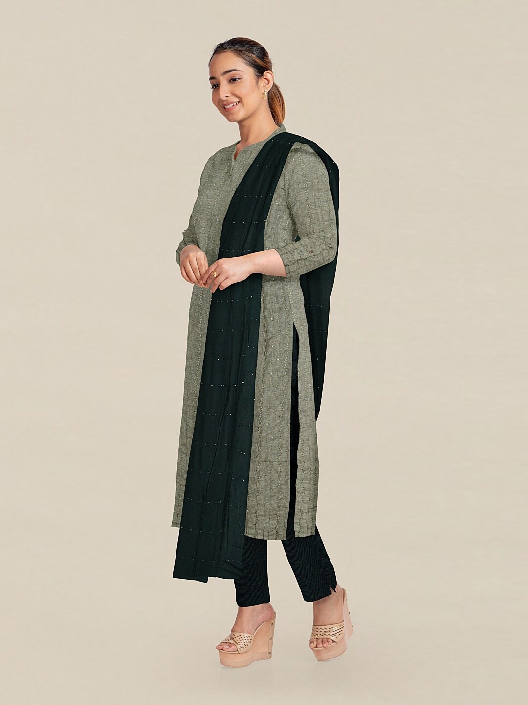 

Pothys Green & White Unstitched Dress Material