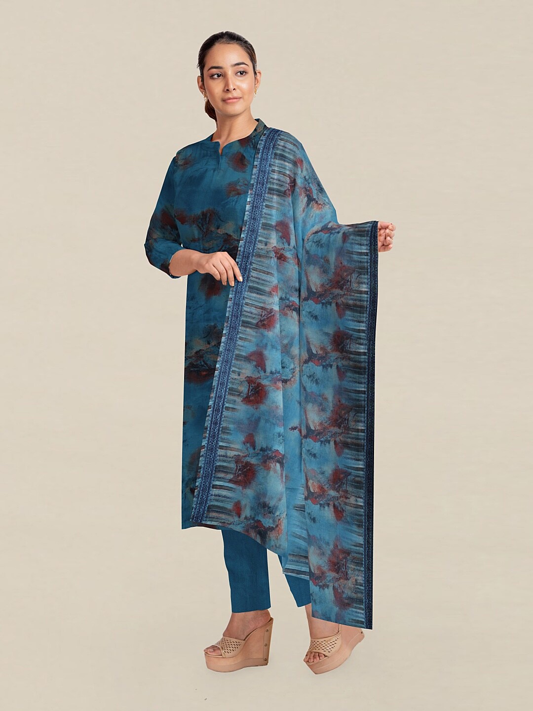 

Pothys Blue & Maroon Printed Unstitched Dress Material