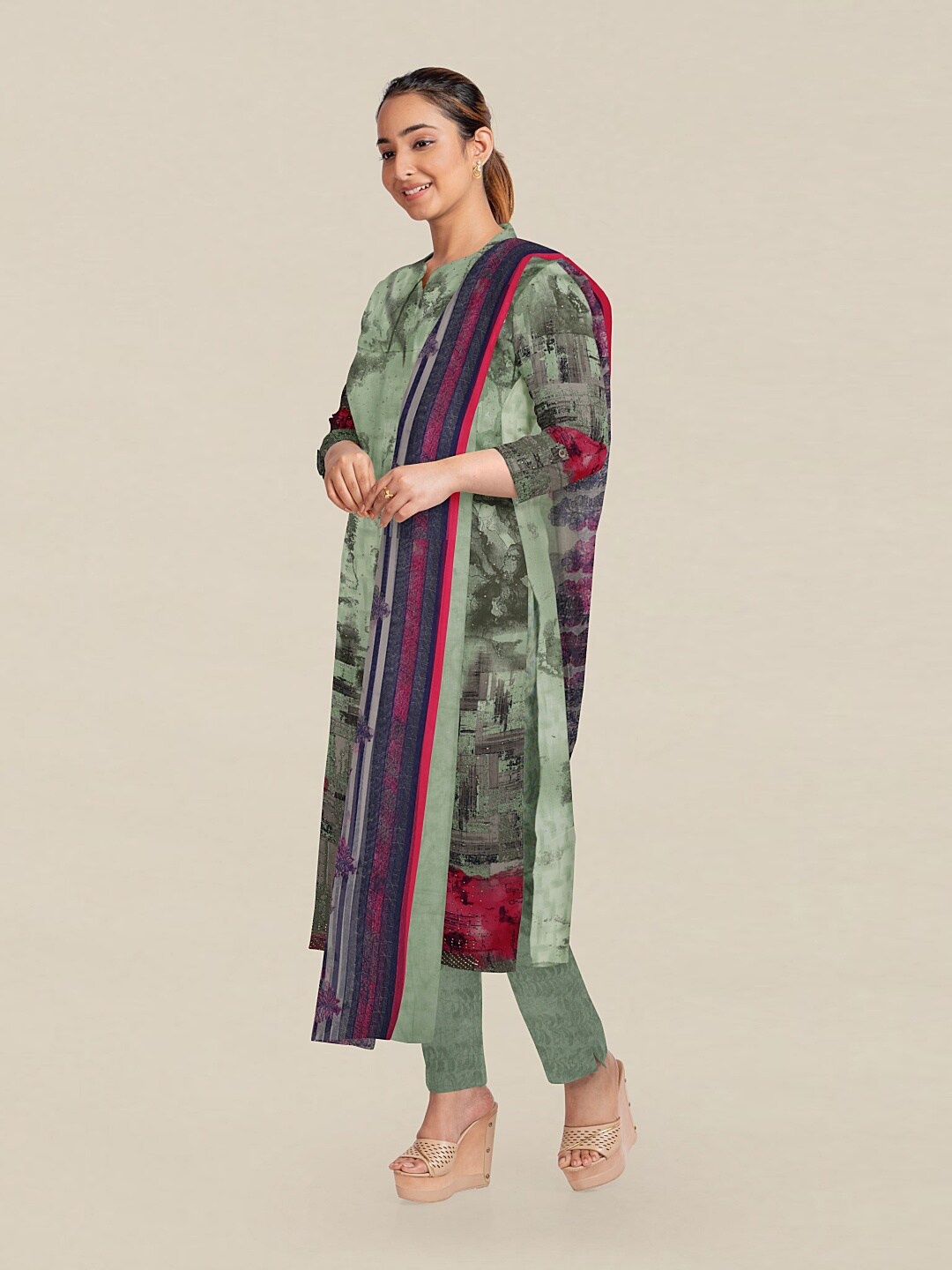 

Pothys Green & Pink Printed Unstitched Dress Material