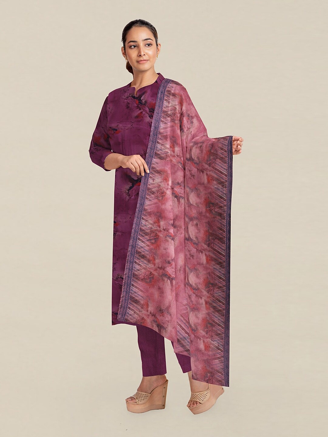 

Pothys Magenta & Pink Printed Unstitched Dress Material