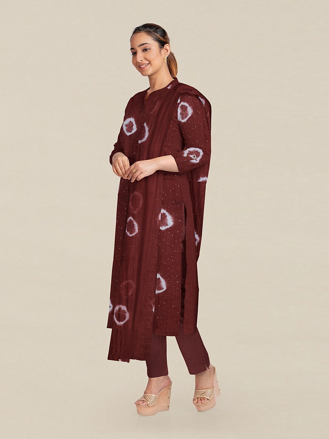 

Pothys Brown & White Embellished Unstitched Dress Material