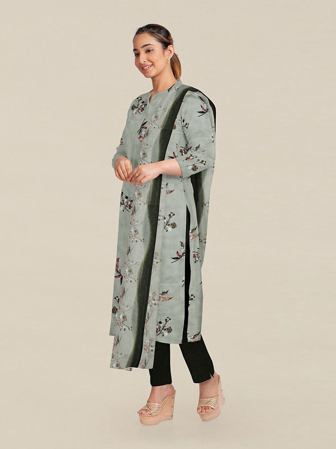 

Pothys Green & Grey Printed Unstitched Dress Material