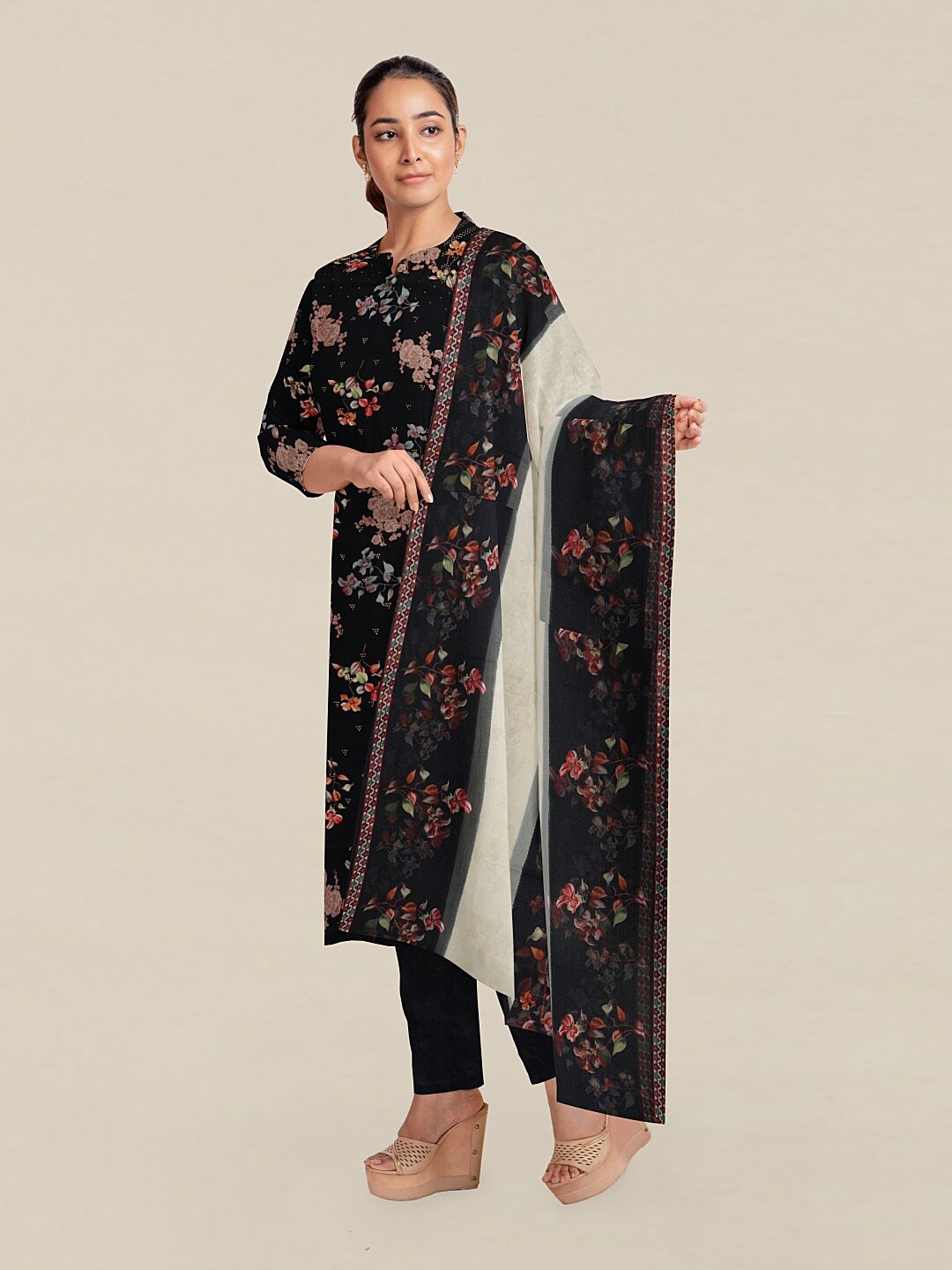 

Pothys Black & Off White Printed Unstitched Dress Material