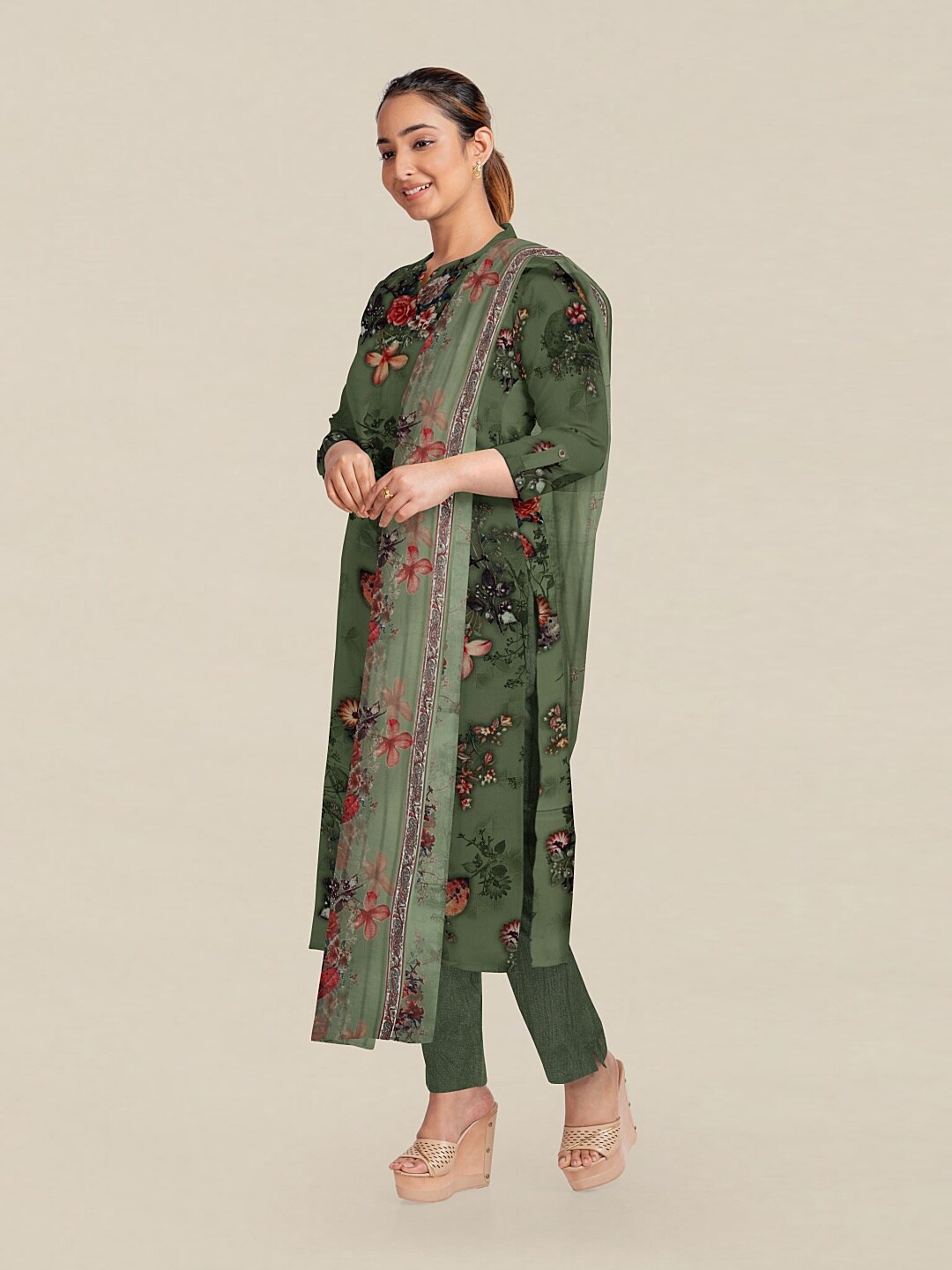 

Pothys Green & Pink Printed Unstitched Dress Material
