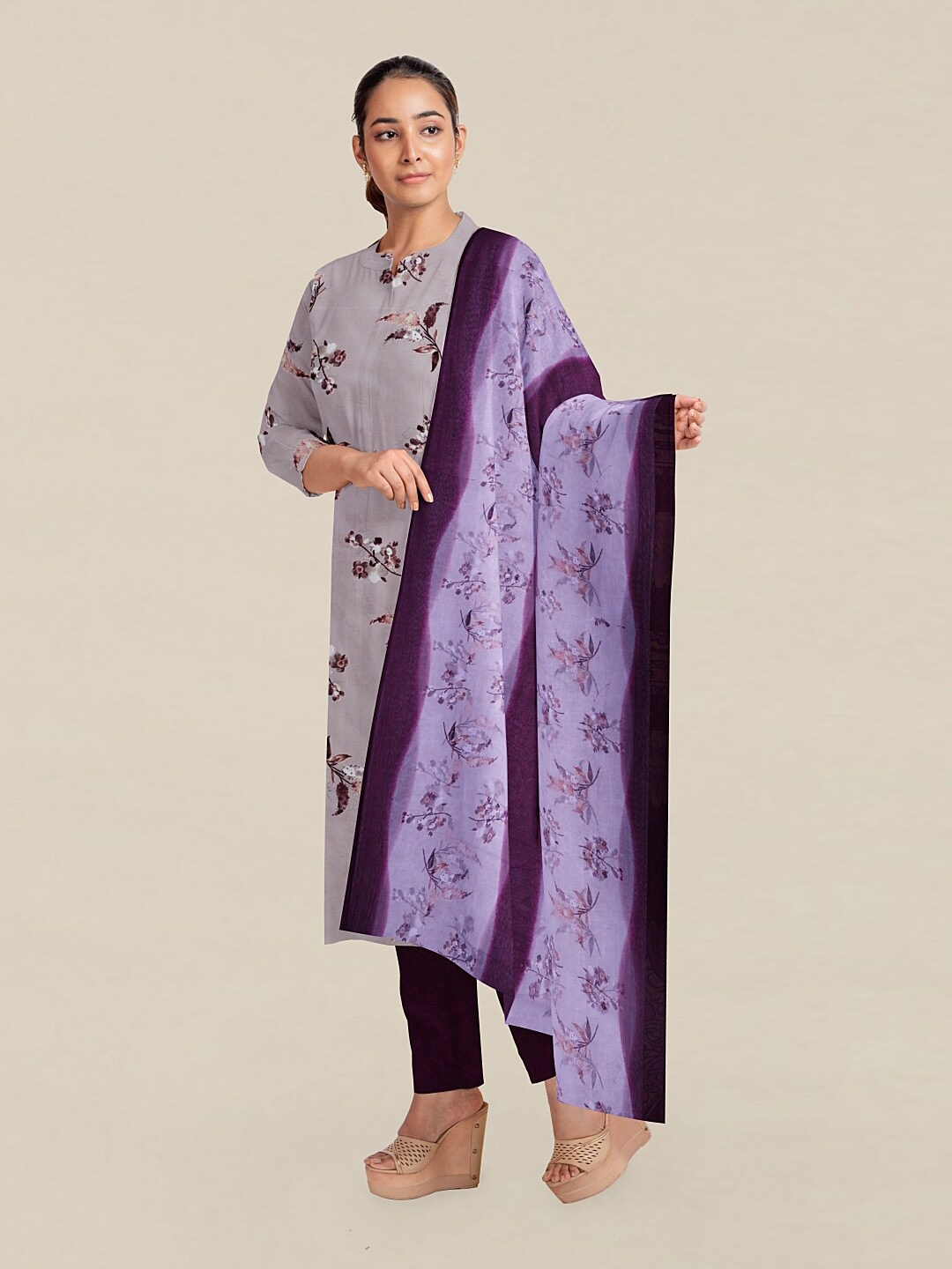 

Pothys Grey & Purple Printed Unstitched Dress Material