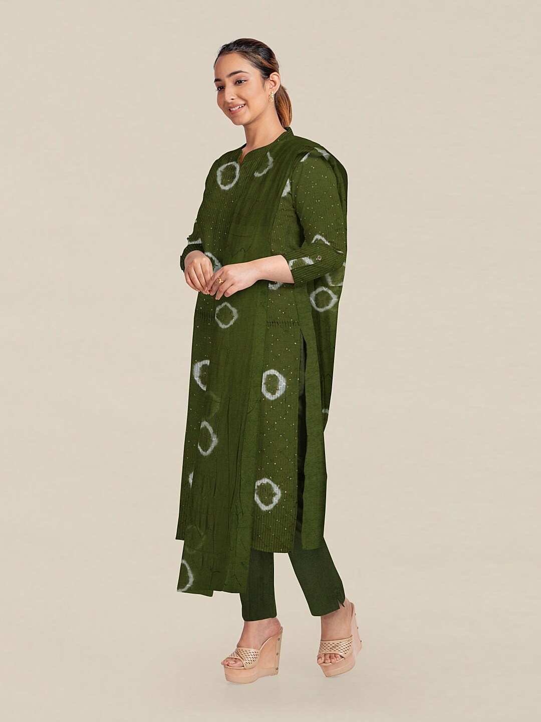 

Pothys Green & Off White Embellished Unstitched Dress Material
