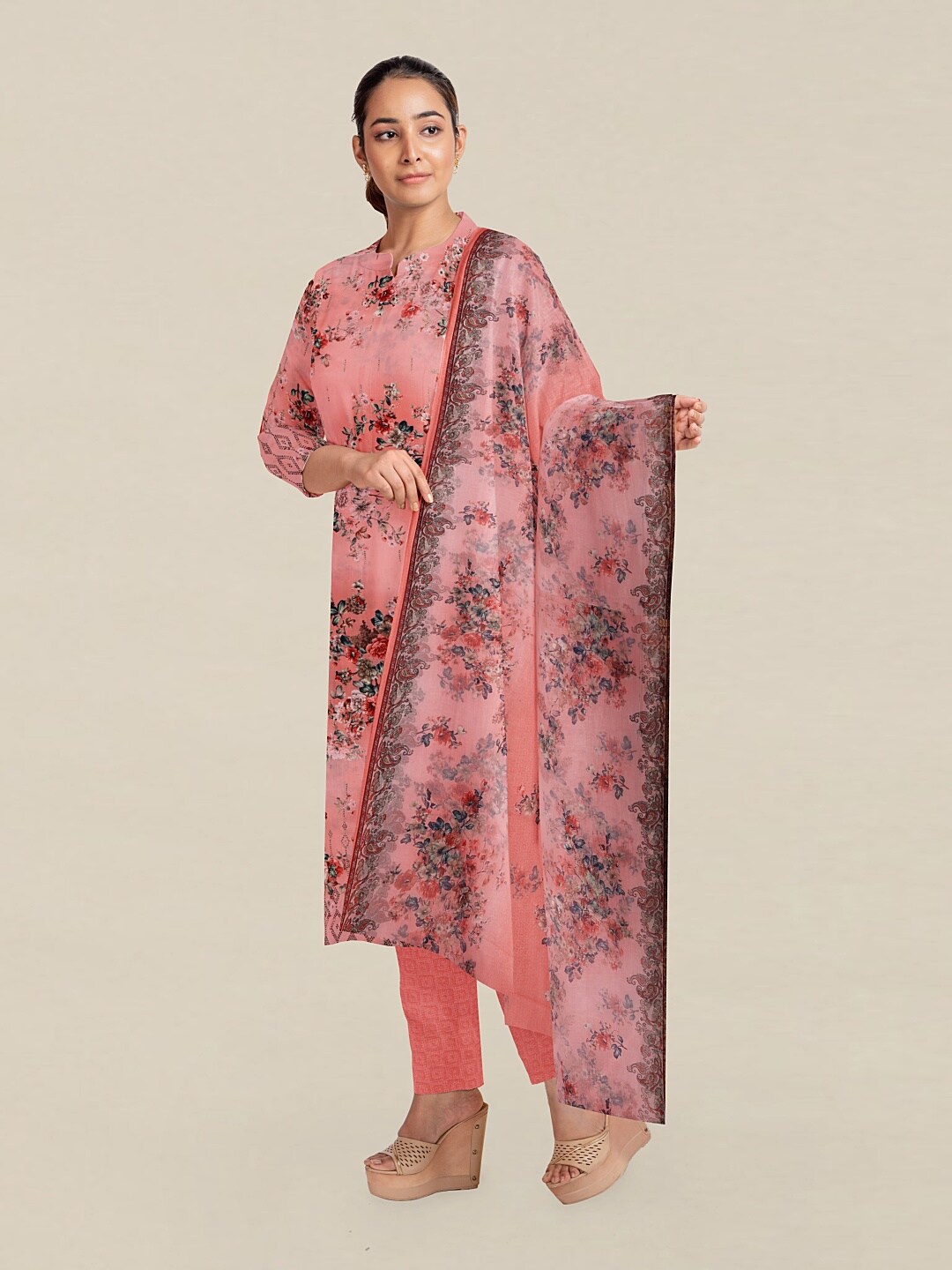 

Pothys Pink & Grey Printed Unstitched Dress Material