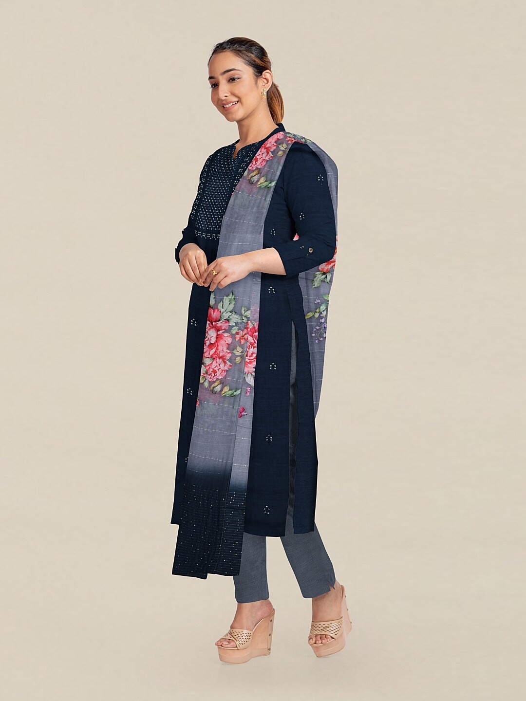 

Pothys Blue & Pink Embellished Unstitched Dress Material