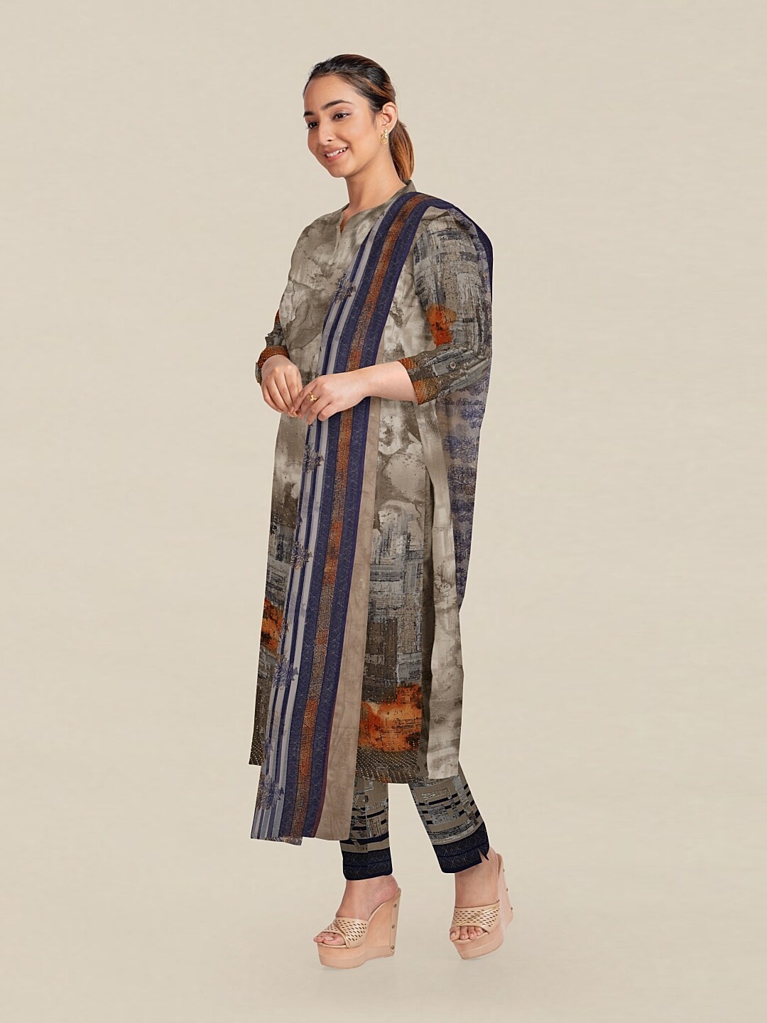 

Pothys Brown & Blue Printed Unstitched Dress Material