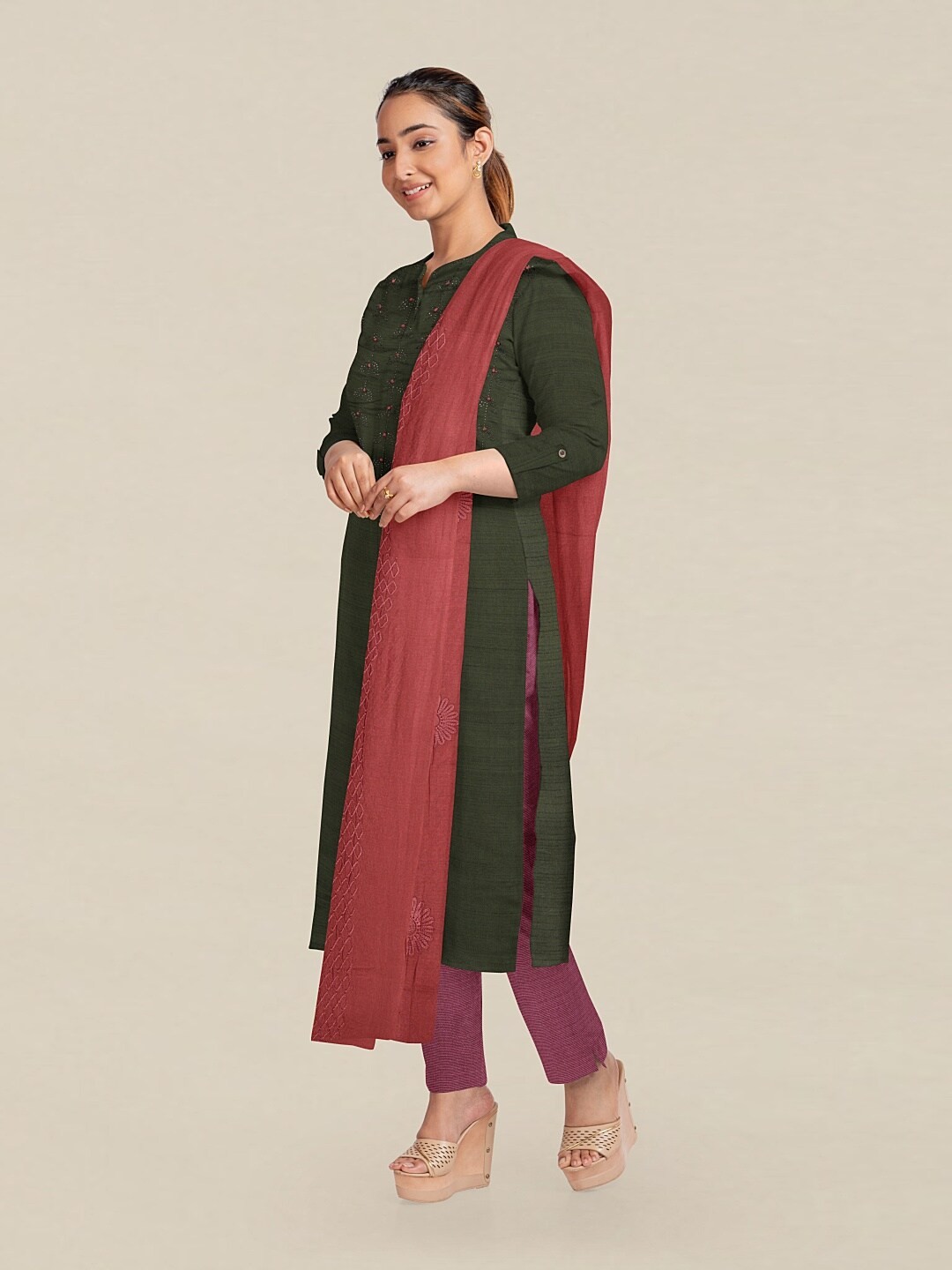 

Pothys Green & Maroon Embellished Unstitched Dress Material