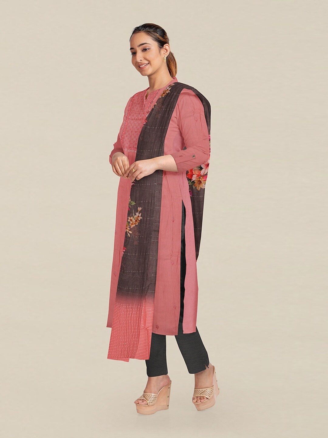 

Pothys Peach-Coloured & Purple Embellished Unstitched Dress Material