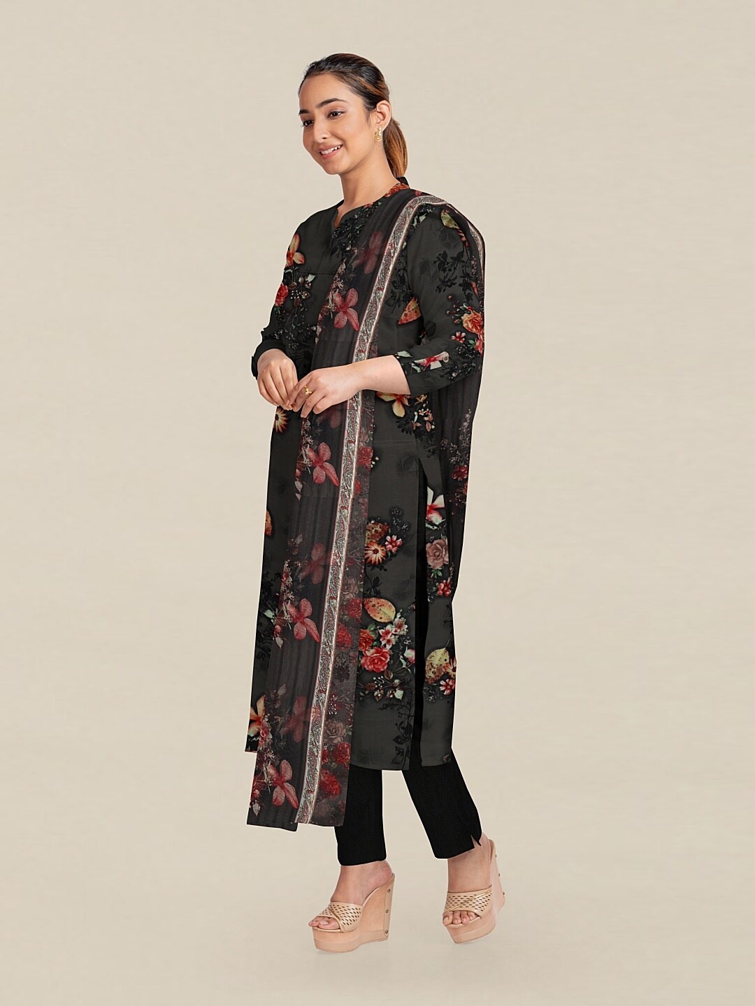 

Pothys Grey & Red Printed Unstitched Dress Material
