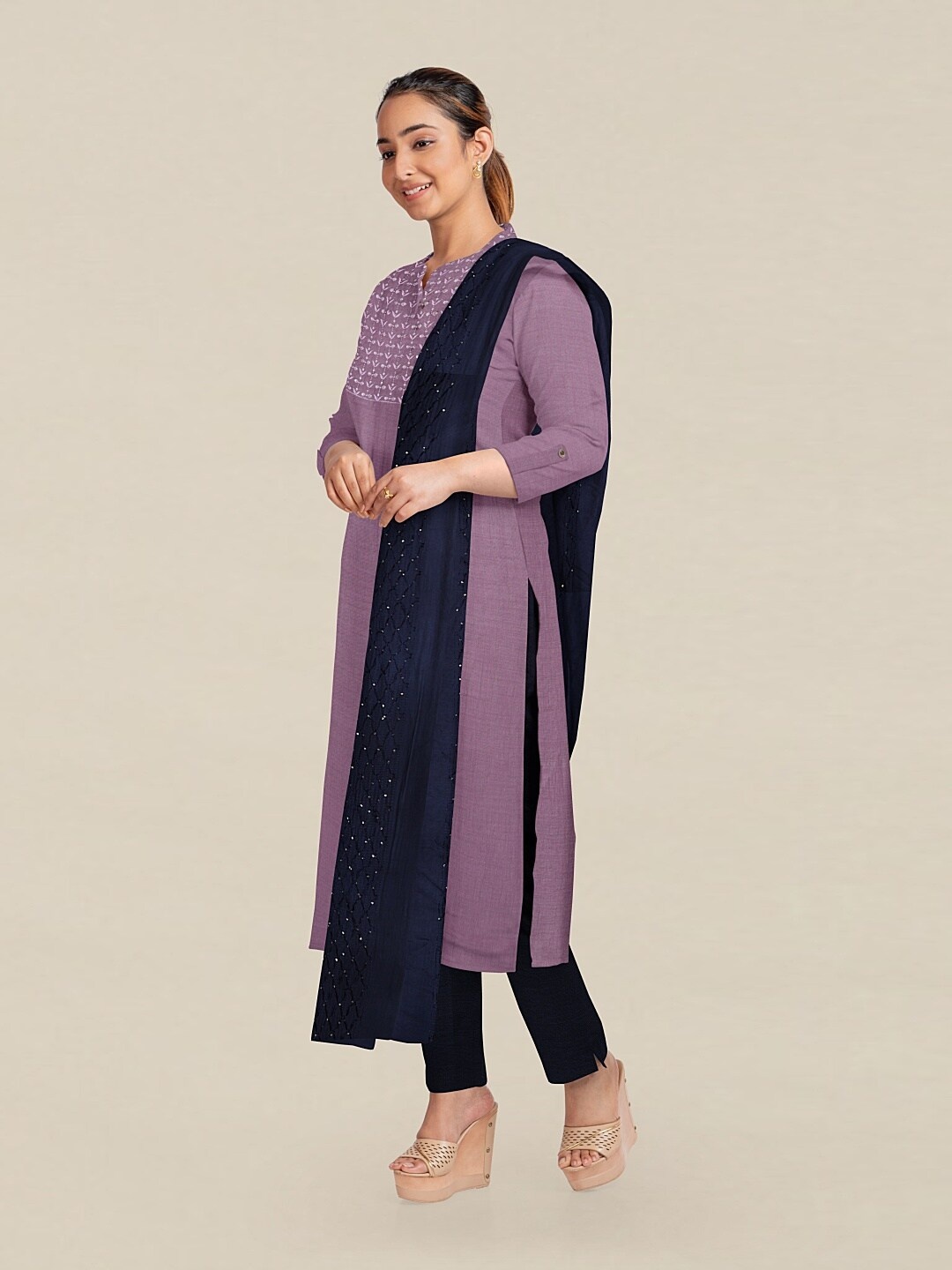 

Pothys Lavender & Black Embellished Unstitched Dress Material