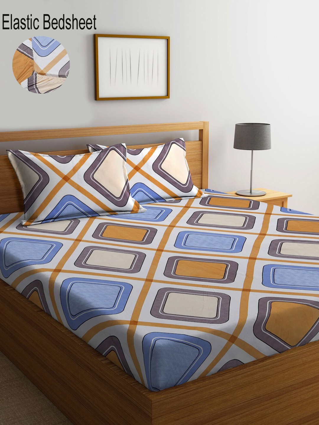 

KLOTTHE White Geometric 300 TC Fitted Super King Double Bedsheet with 2 Pillow Covers