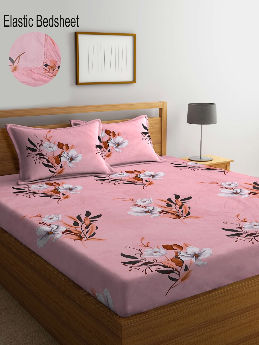 

KLOTTHE Pink & Orange Floral 300 TC Fitted King Bedsheet with 2 Pillow Covers