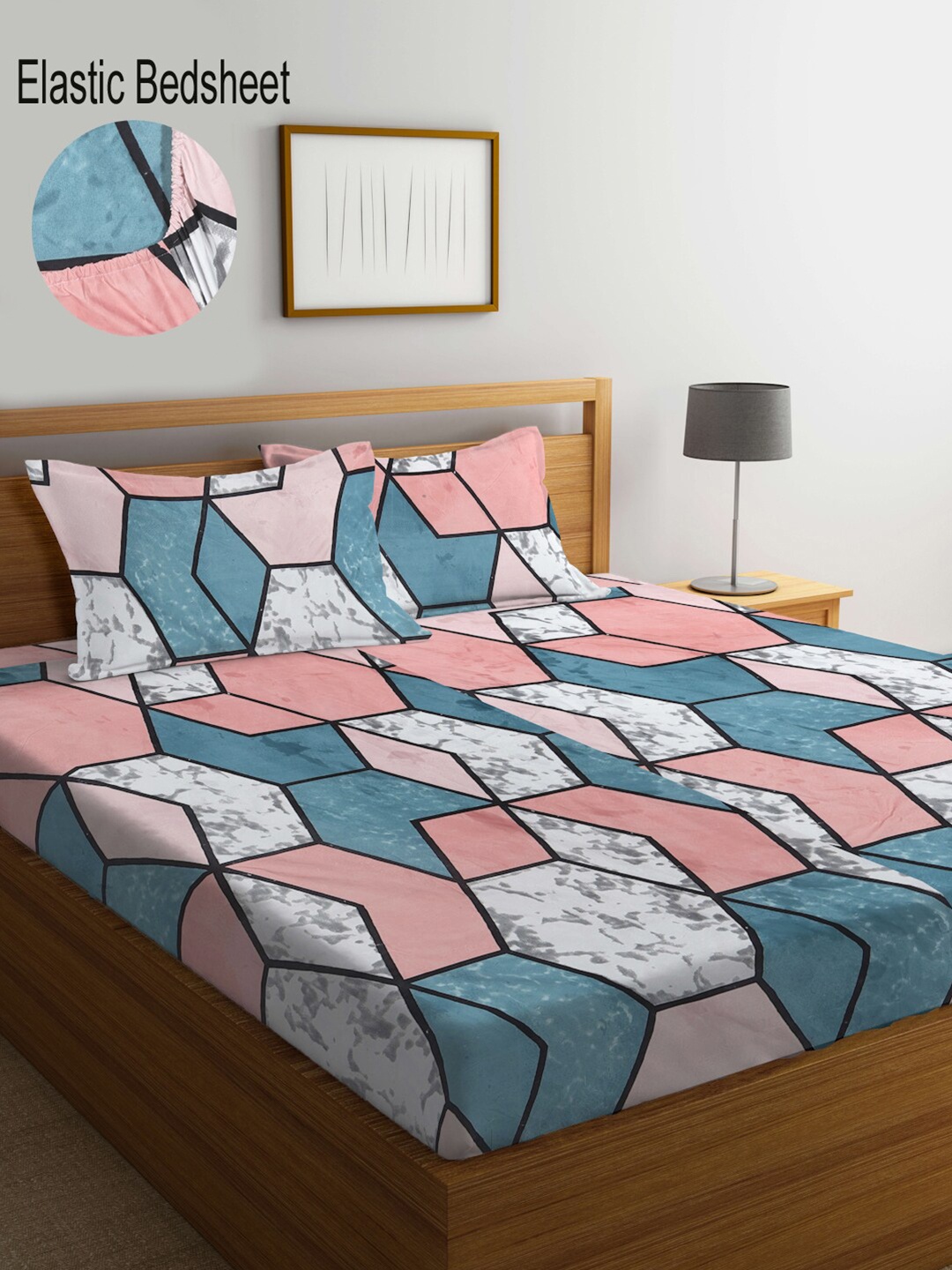 

KLOTTHE Geometric Print 300 TC Fitted King Bedsheet with 2 Pillow Covers, Pink