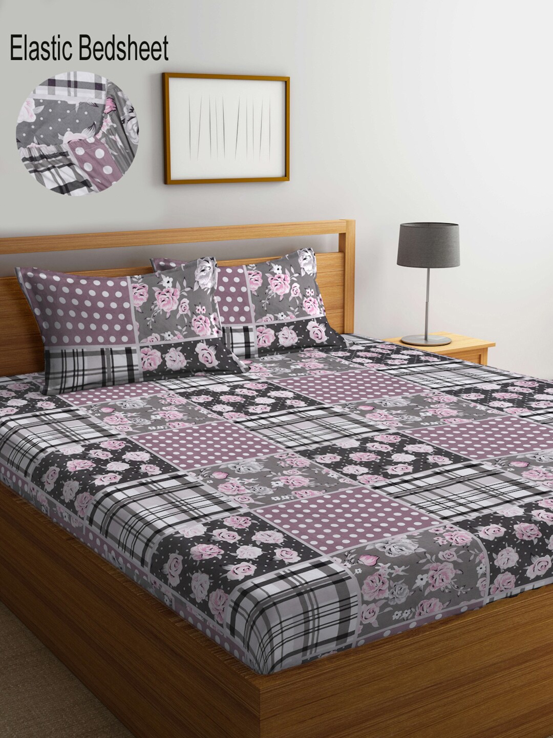 

KLOTTHE Grey Floral Printed 300 TC Fitted Super King Double Bedsheet with 2 Pillow Covers