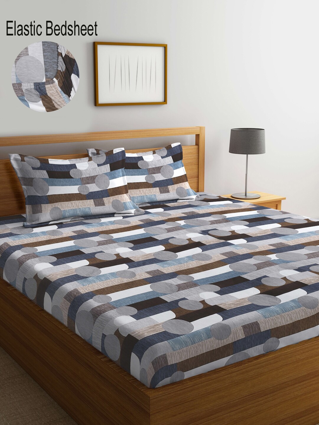 

KLOTTHE Grey Geometric 300 TC Fitted Super King Double Bedsheet with 2 Pillow Covers
