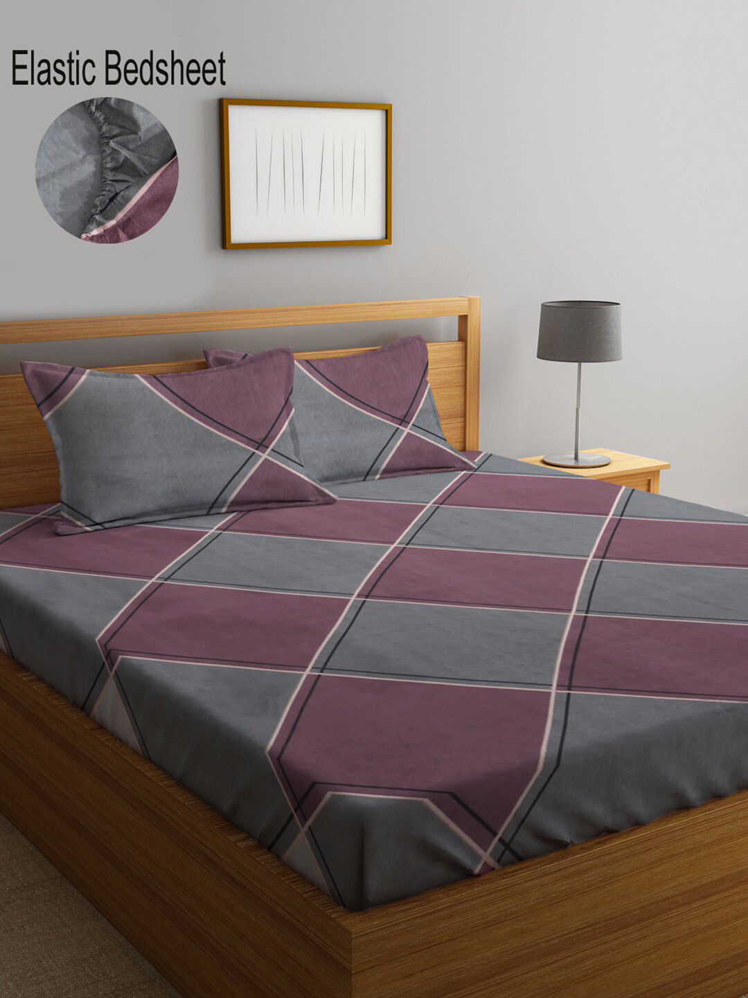 

KLOTTHE Geometric Printed 300 TC Fitted King Bedsheet with 2 Pillow Covers, Grey