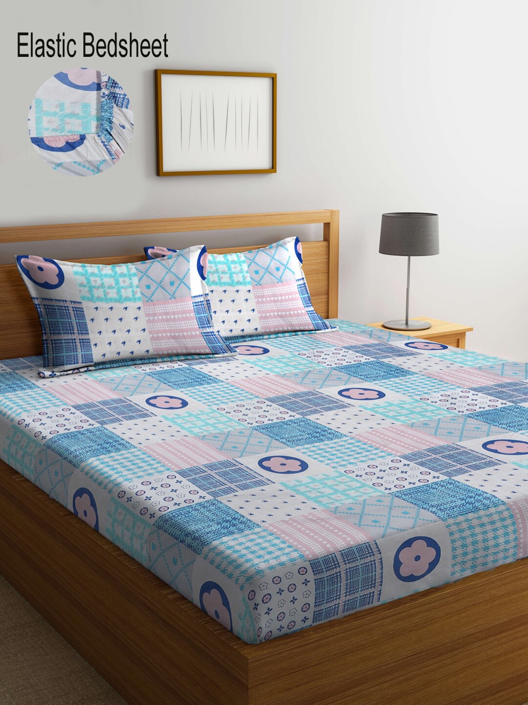 

KLOTTHE Geometric Printed 300 TC Fitted King Bedsheet with 2 Pillow Covers, Blue