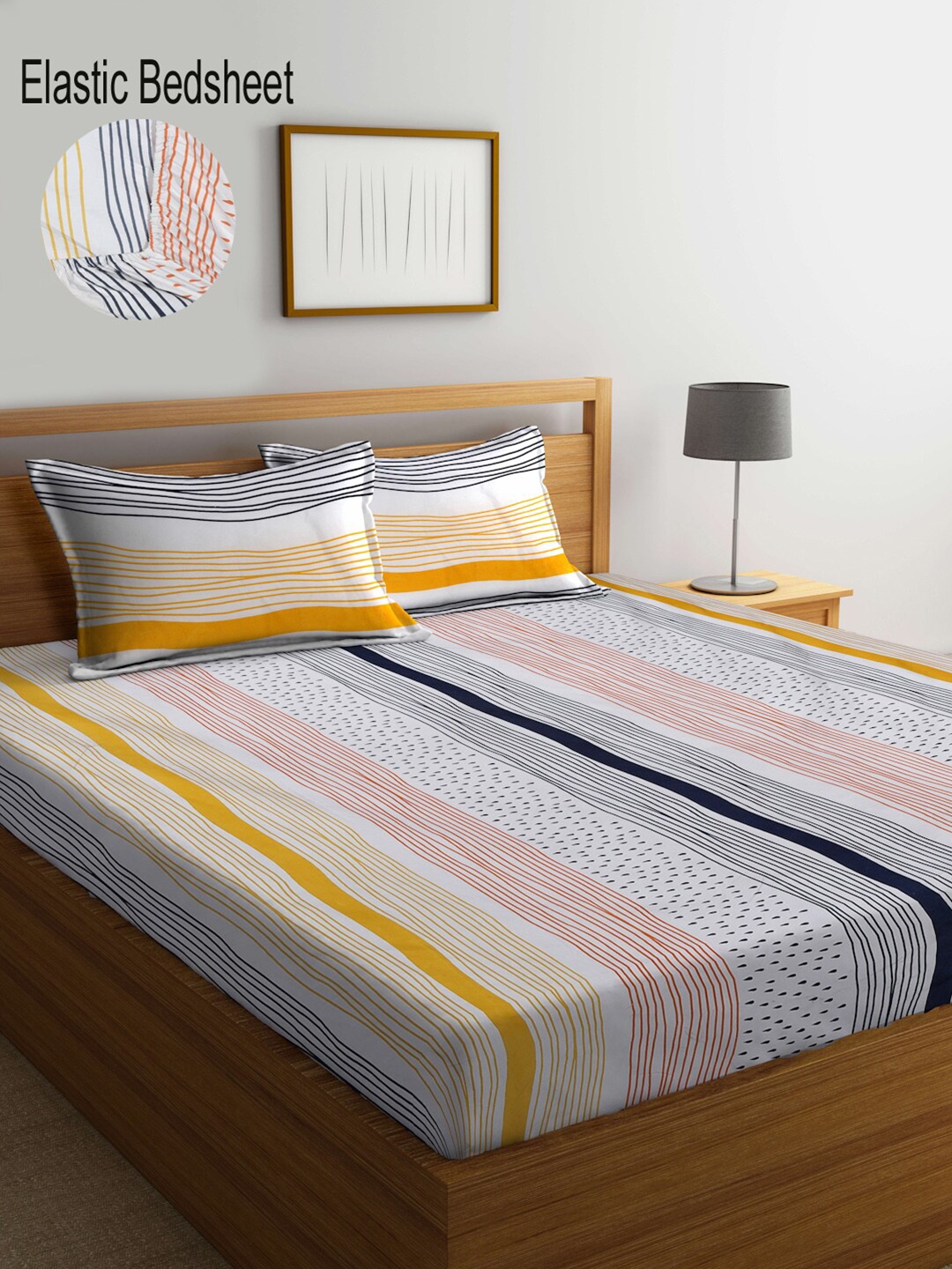 

KLOTTHE White Striped 300 TC Fitted Super King Double Bedsheet with 2 Pillow Covers
