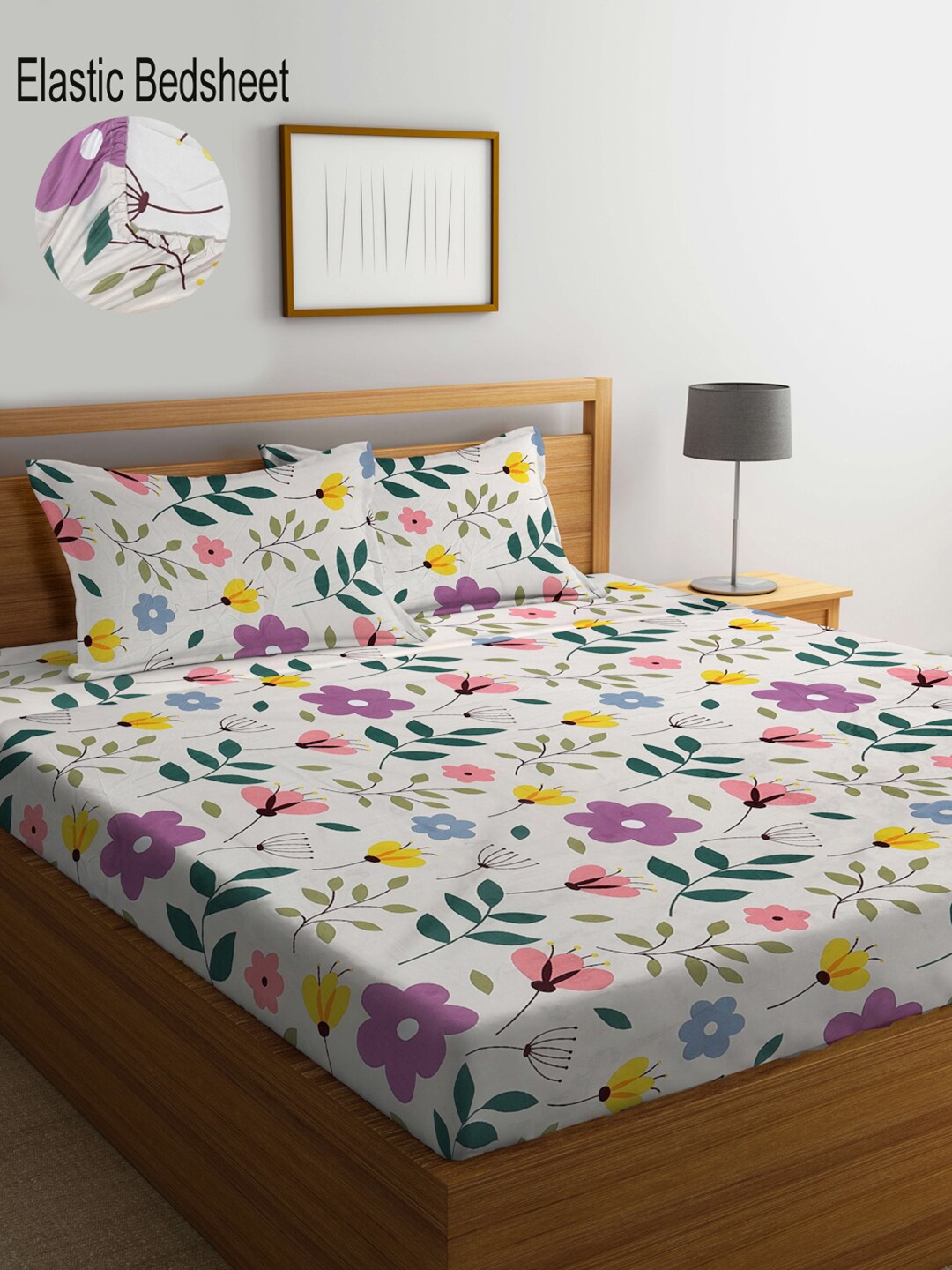 

KLOTTHE Floral Printed 300 TC Fitted King Bedsheet with 2 Pillow Covers, White