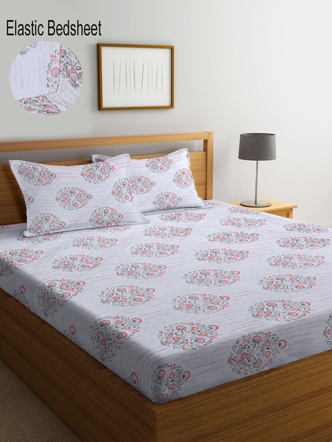 

KLOTTHE Grey Floral Printed 300 TC Fitted Super King Double Bedsheet with 2 Pillow Covers