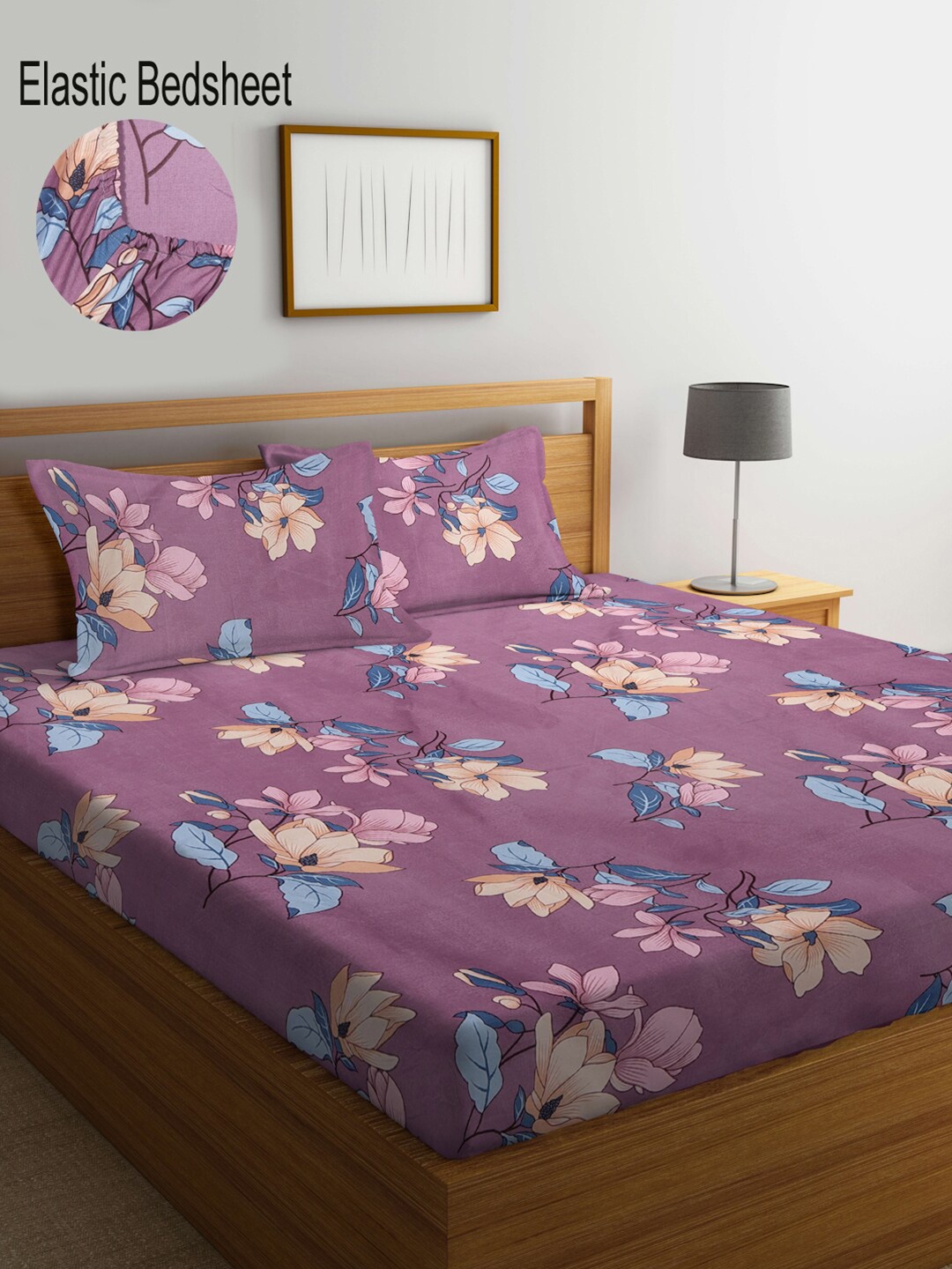 

KLOTTHE Purple & Blue Floral 300 TC Fitted King Bedsheet with 2 Pillow Covers