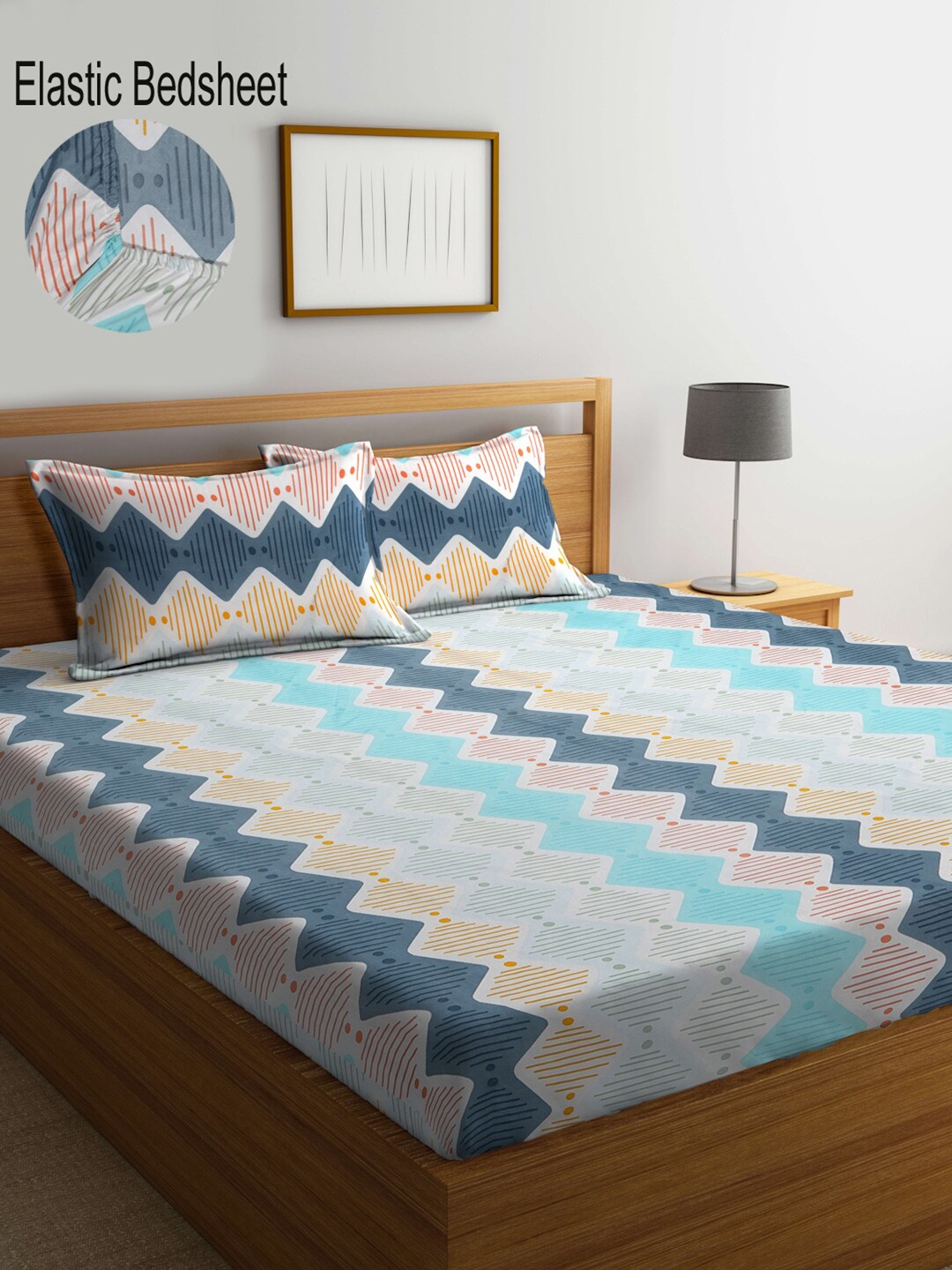 

KLOTTHE Blue Geometric 300 TC Fitted Super King Double Bedsheet with 2 Pillow Covers, White