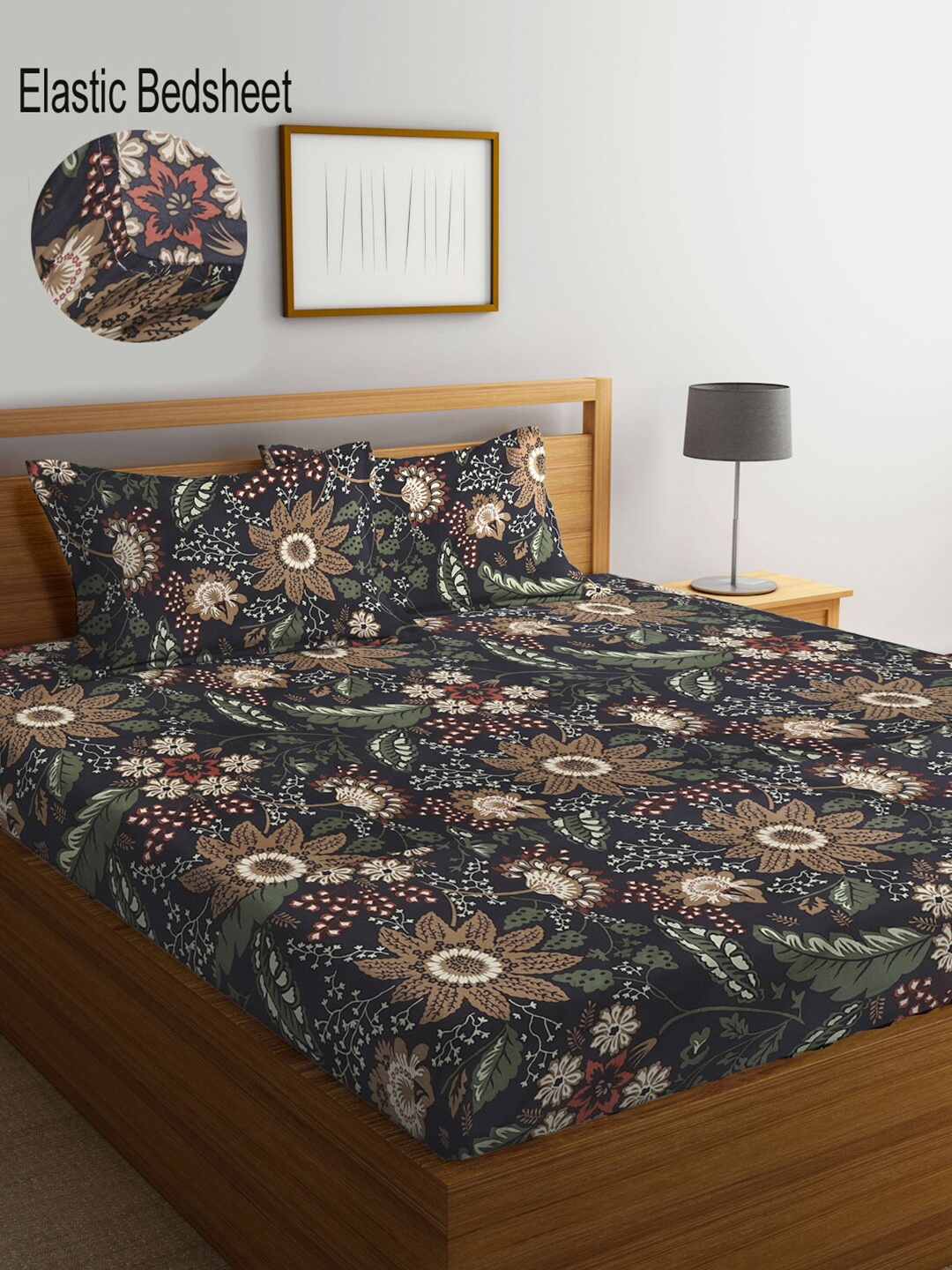 

KLOTTHE Green & Blue Floral Printed 300 TC Fitted King Bedsheet with 2 Pillow Covers