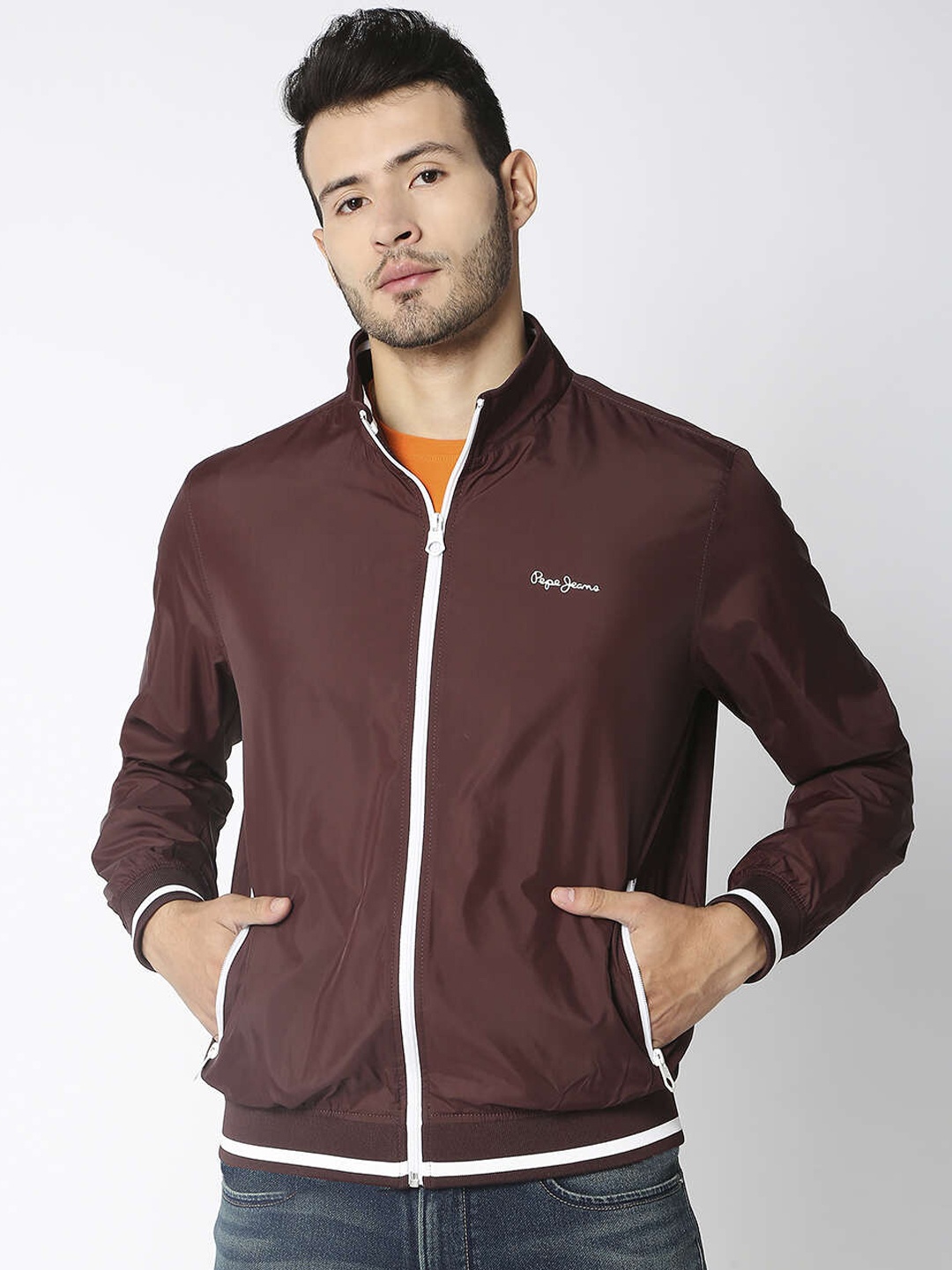 

Pepe Jeans Men Burgundy & White Bomber Jacket