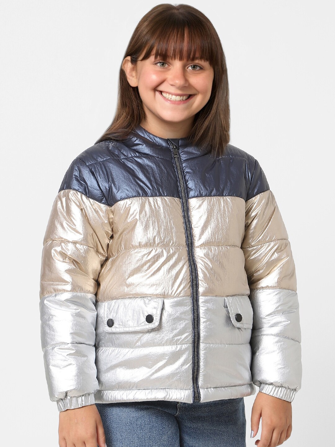 

KIDS ONLY Girls Blue Gold-Toned Colourblocked Puffer Jacket