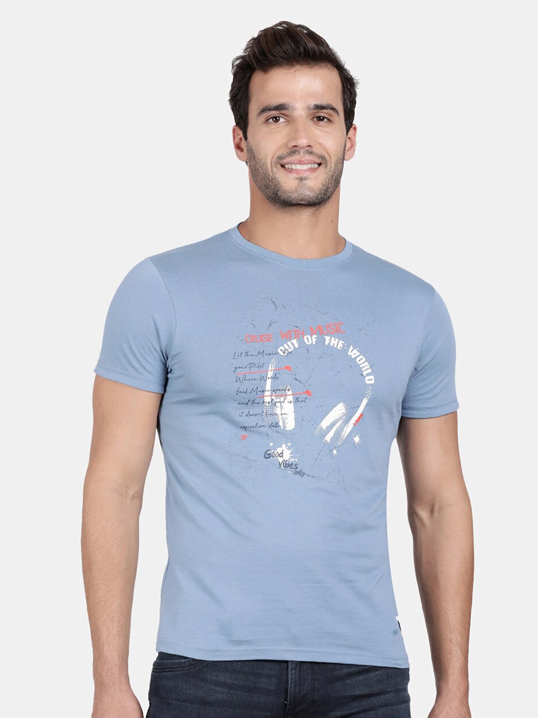 

t-base Men Blue Typography Printed T-shirt