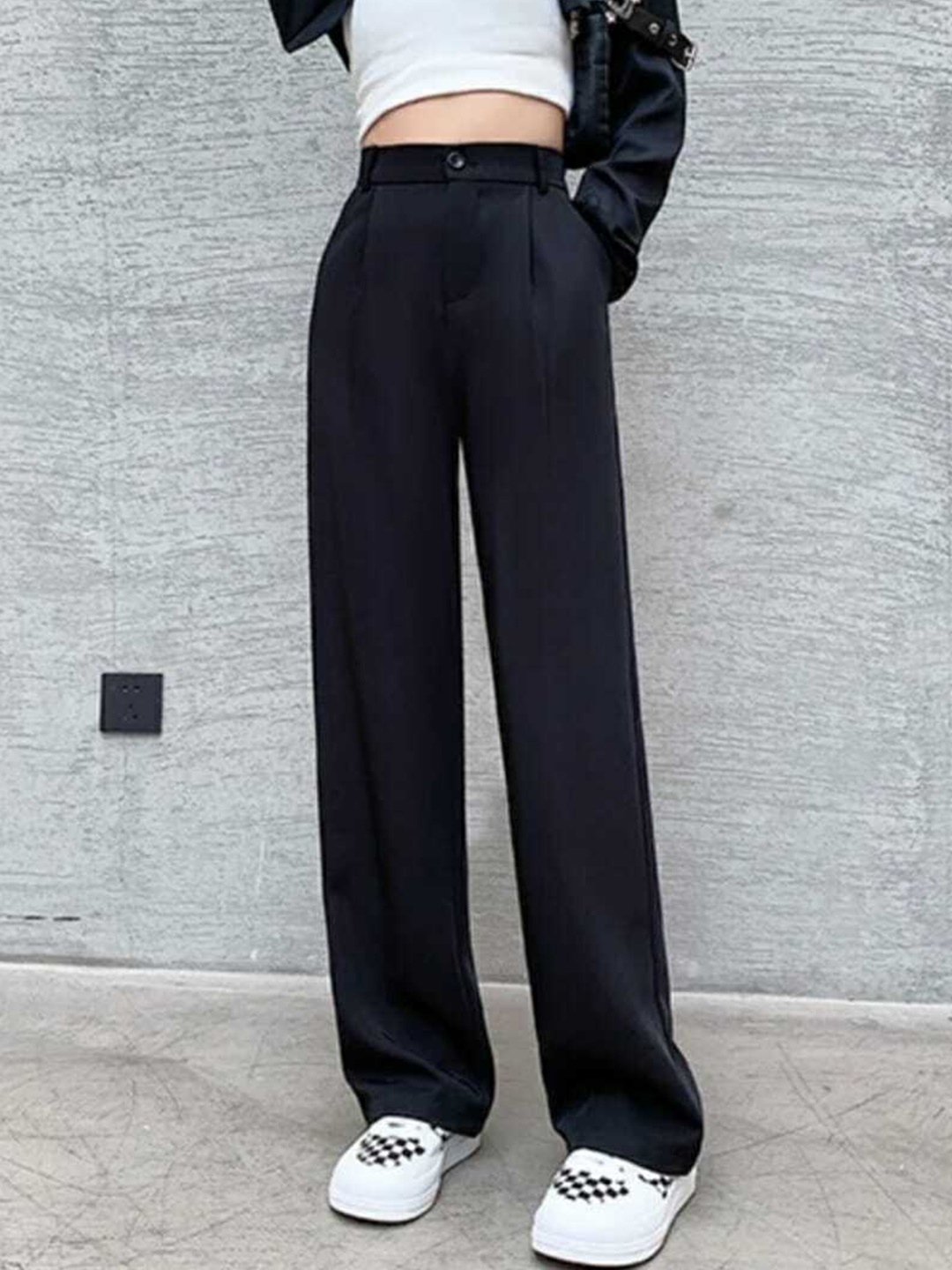 

Next One Women Black Relaxed Straight Leg Loose Fit High-Rise Trouser